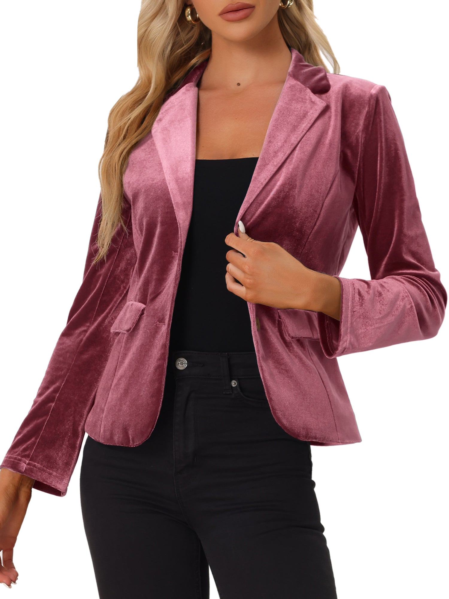Notched Lapel Vintage Office Button Front Velvet Blazer