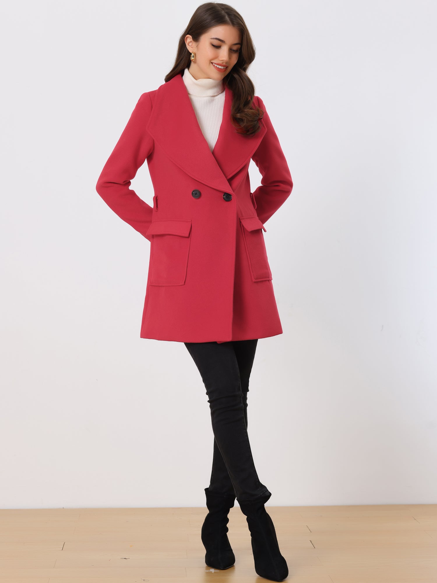 Shawl Collar Lapel Double Breasted Winter Belted Coat with Pockets