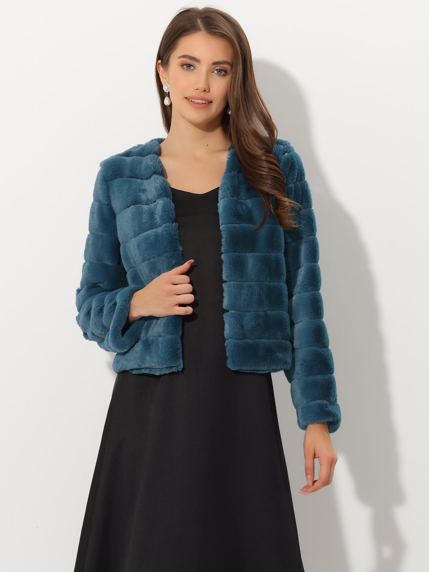 Winter Warm Cropped Collarless Faux Fur Fluffy Jacket