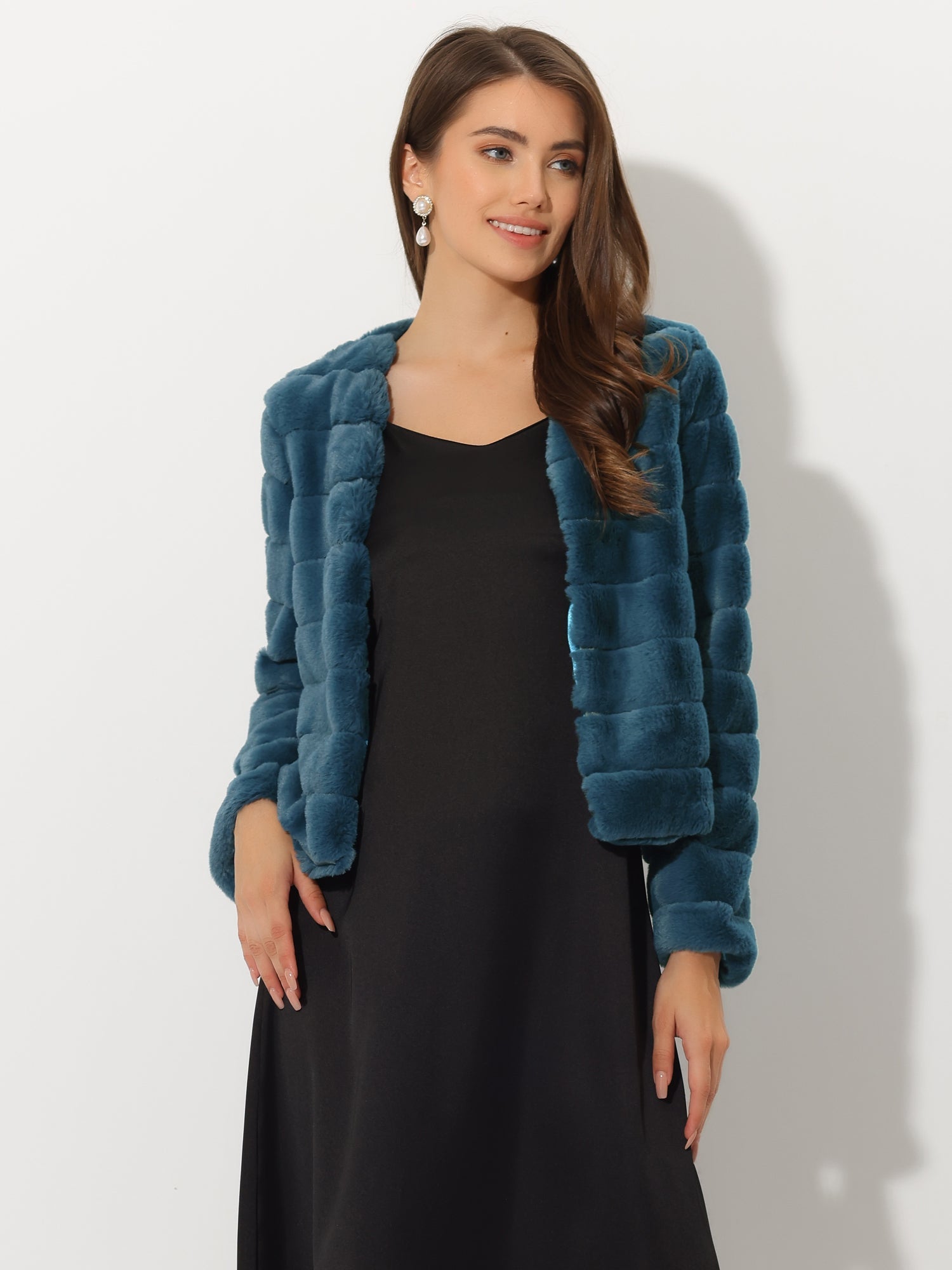 Winter Warm Cropped Collarless Faux Fur Fluffy Jacket