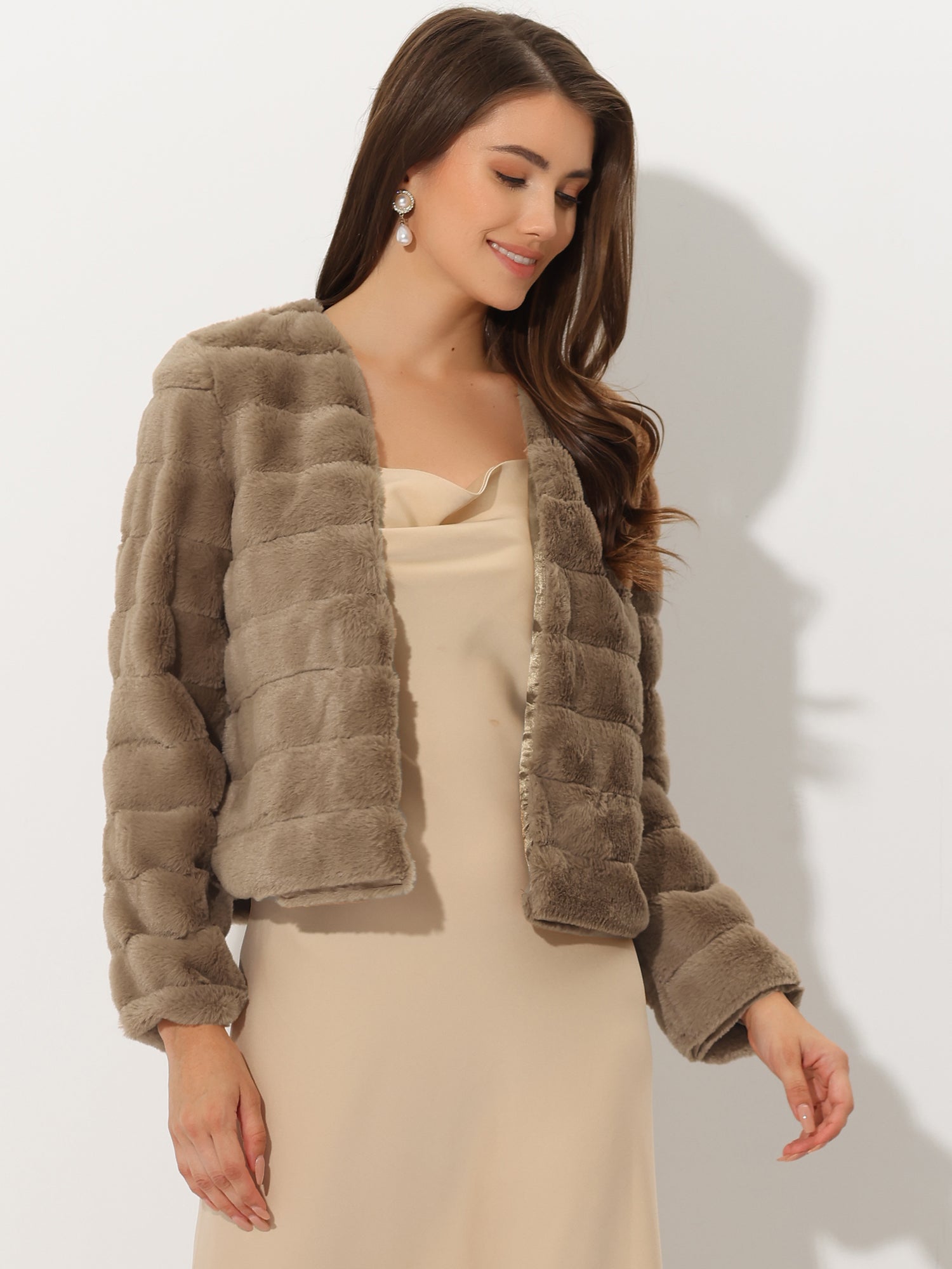 Winter Warm Cropped Collarless Faux Fur Fluffy Jacket