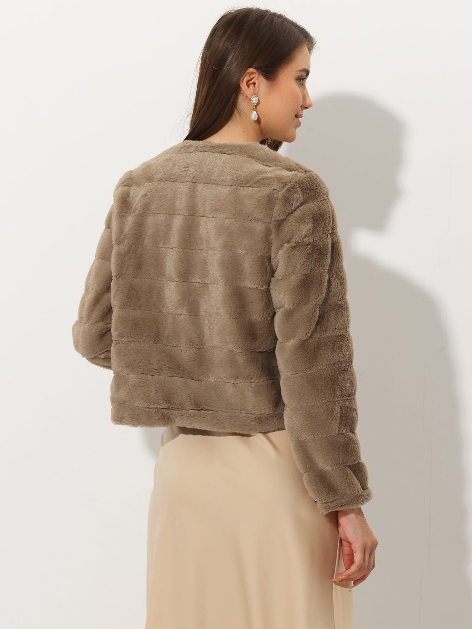 Winter Warm Cropped Collarless Faux Fur Fluffy Jacket
