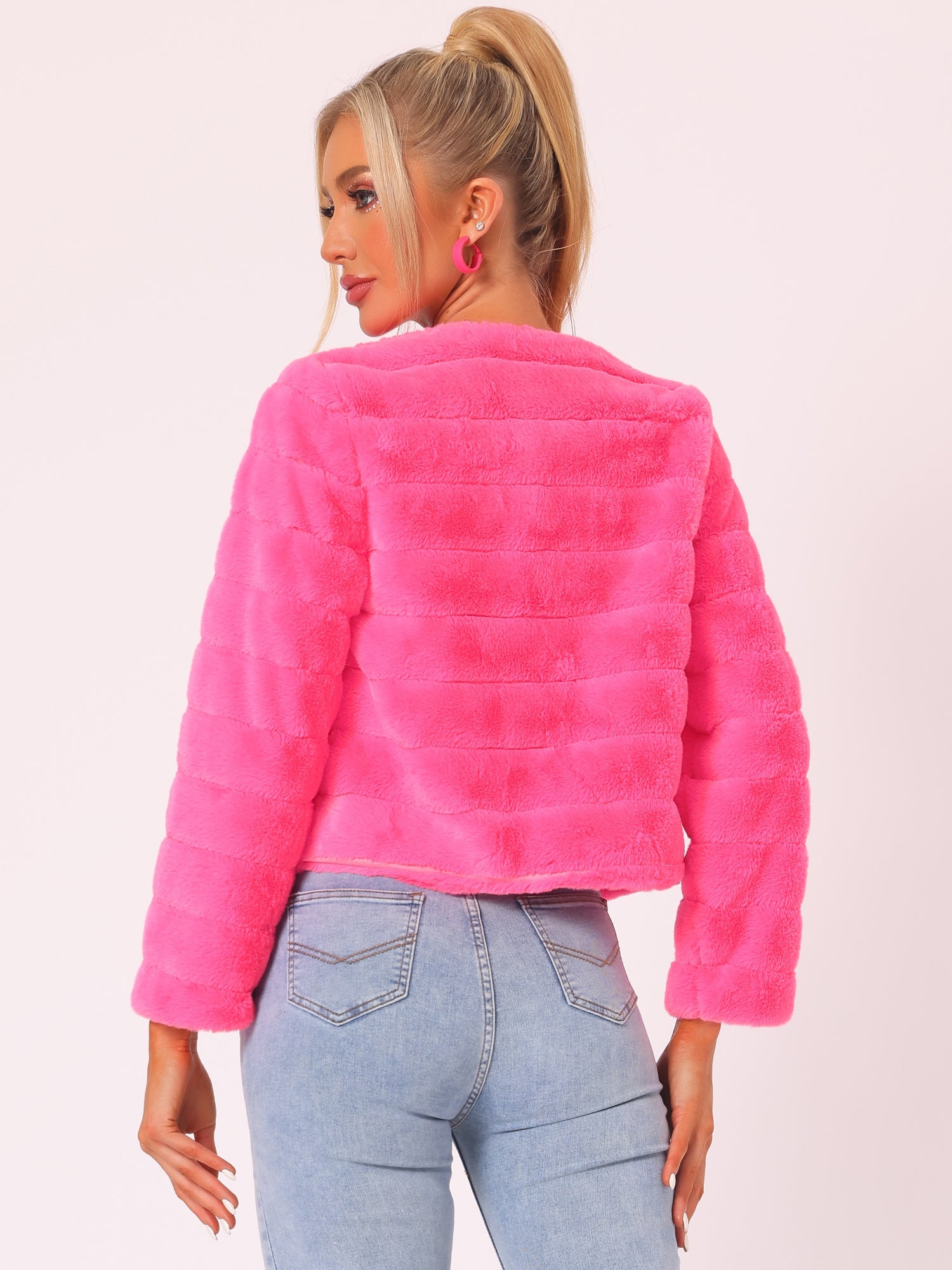 Winter Warm Cropped Collarless Faux Fur Fluffy Jacket