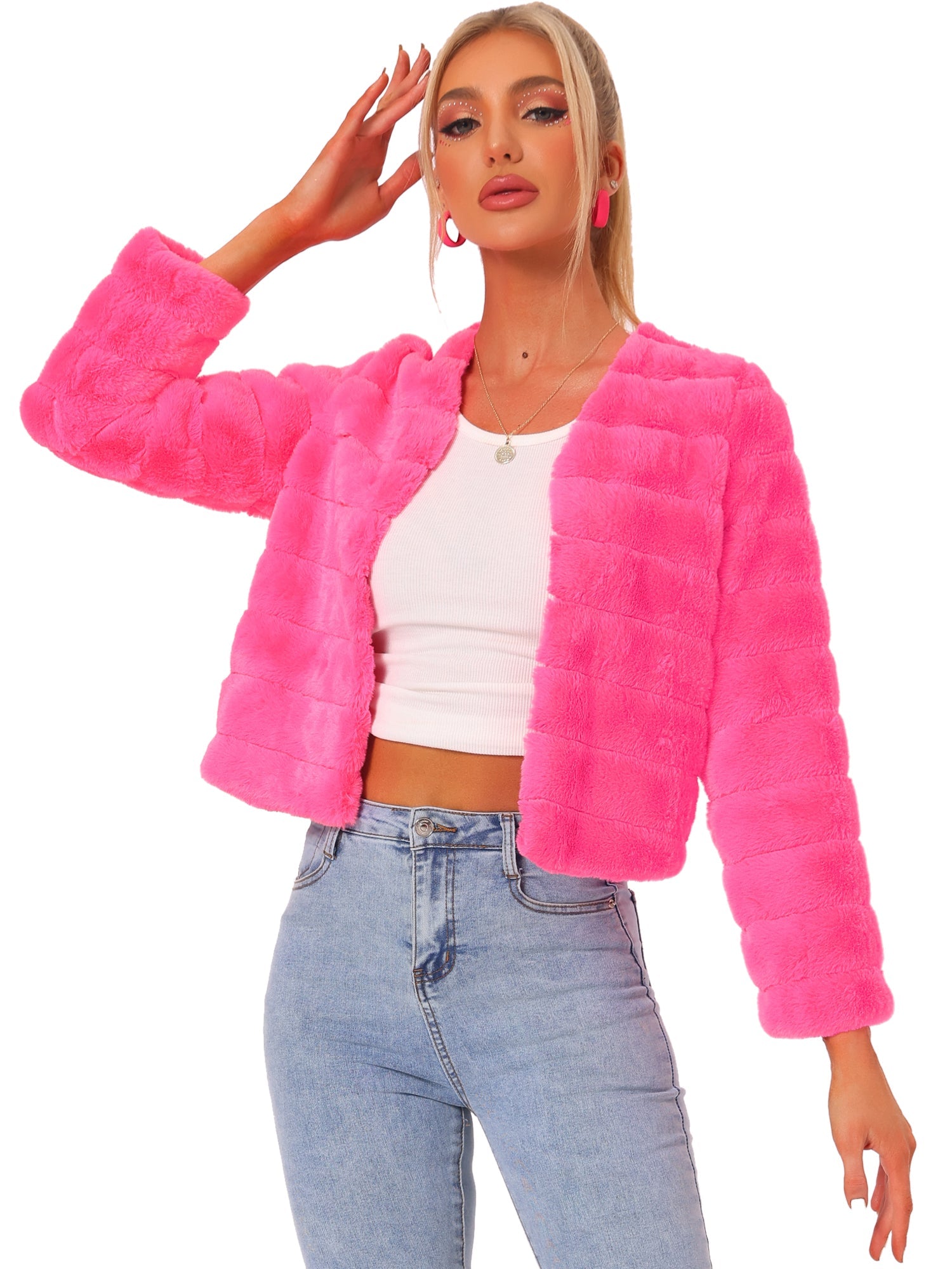 Winter Warm Cropped Collarless Faux Fur Fluffy Jacket