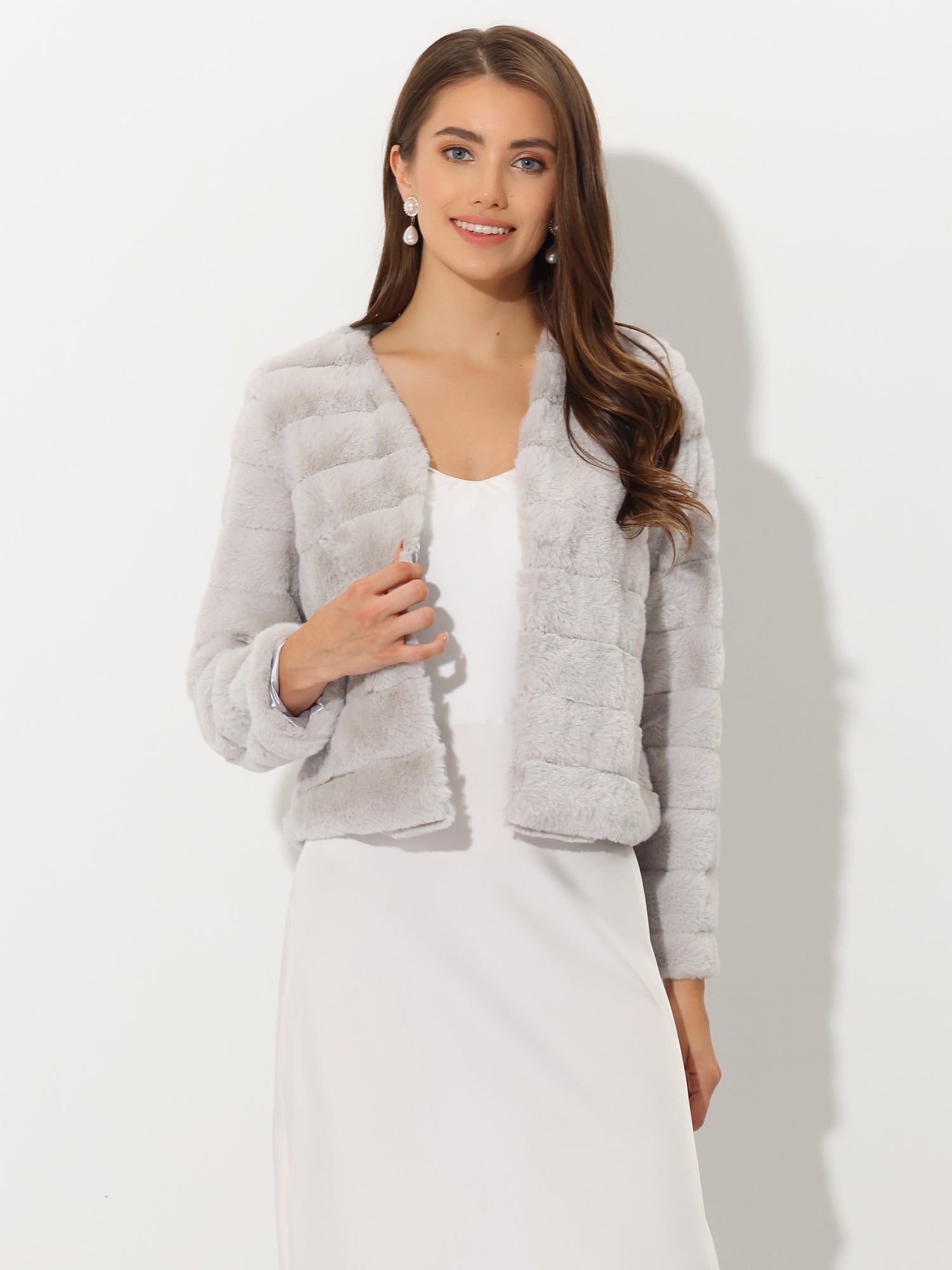 Winter Warm Cropped Collarless Faux Fur Fluffy Jacket