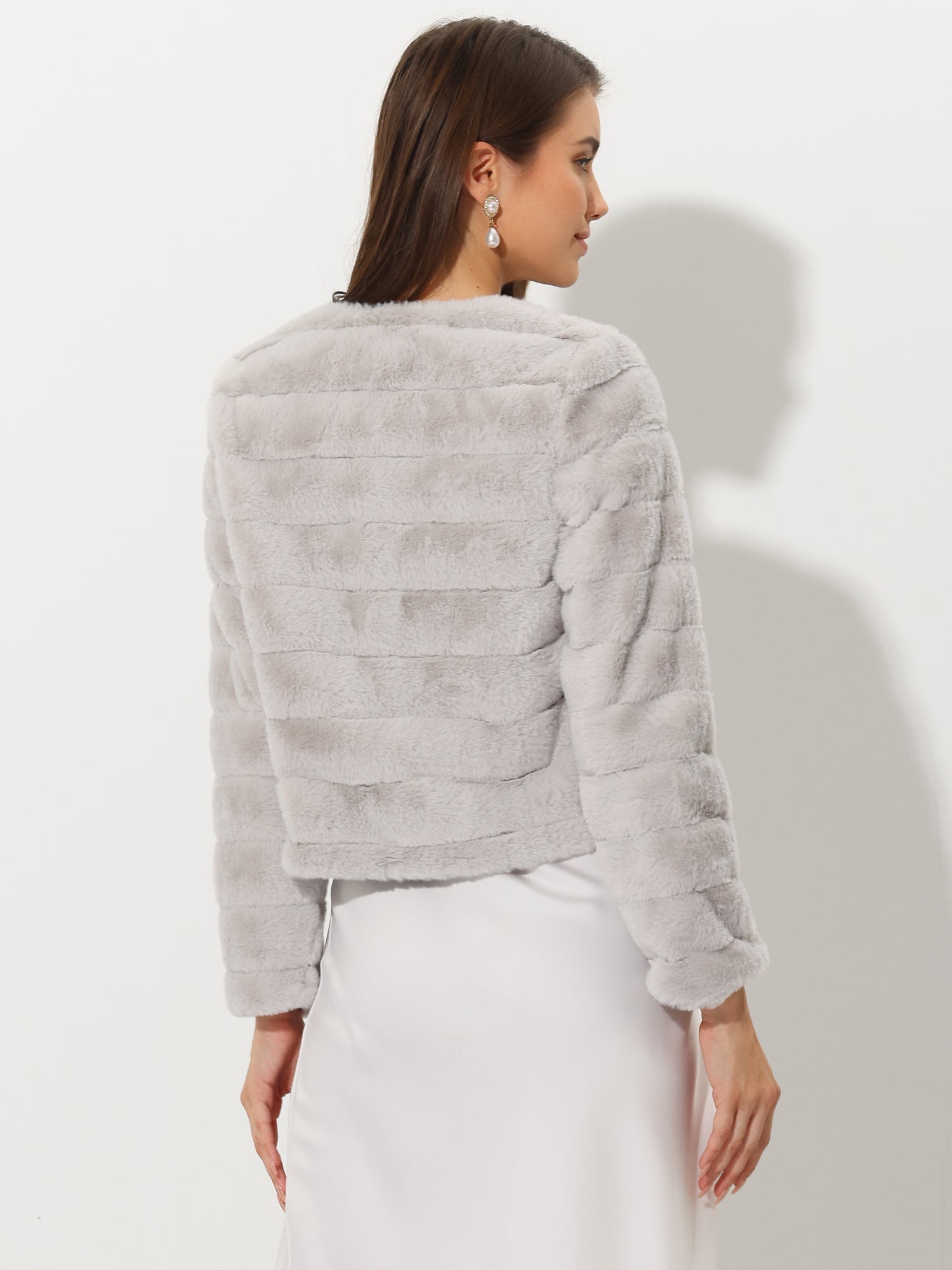 Winter Warm Cropped Collarless Faux Fur Fluffy Jacket