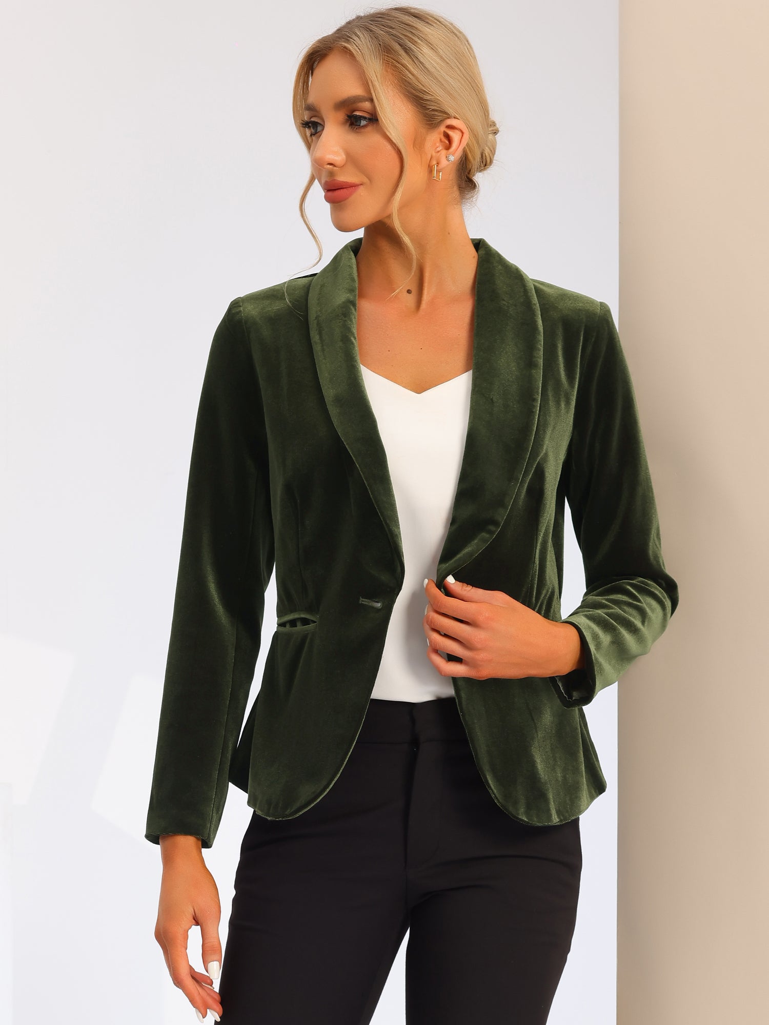 Solid Shawl Collar Single Button Velvet Blazer