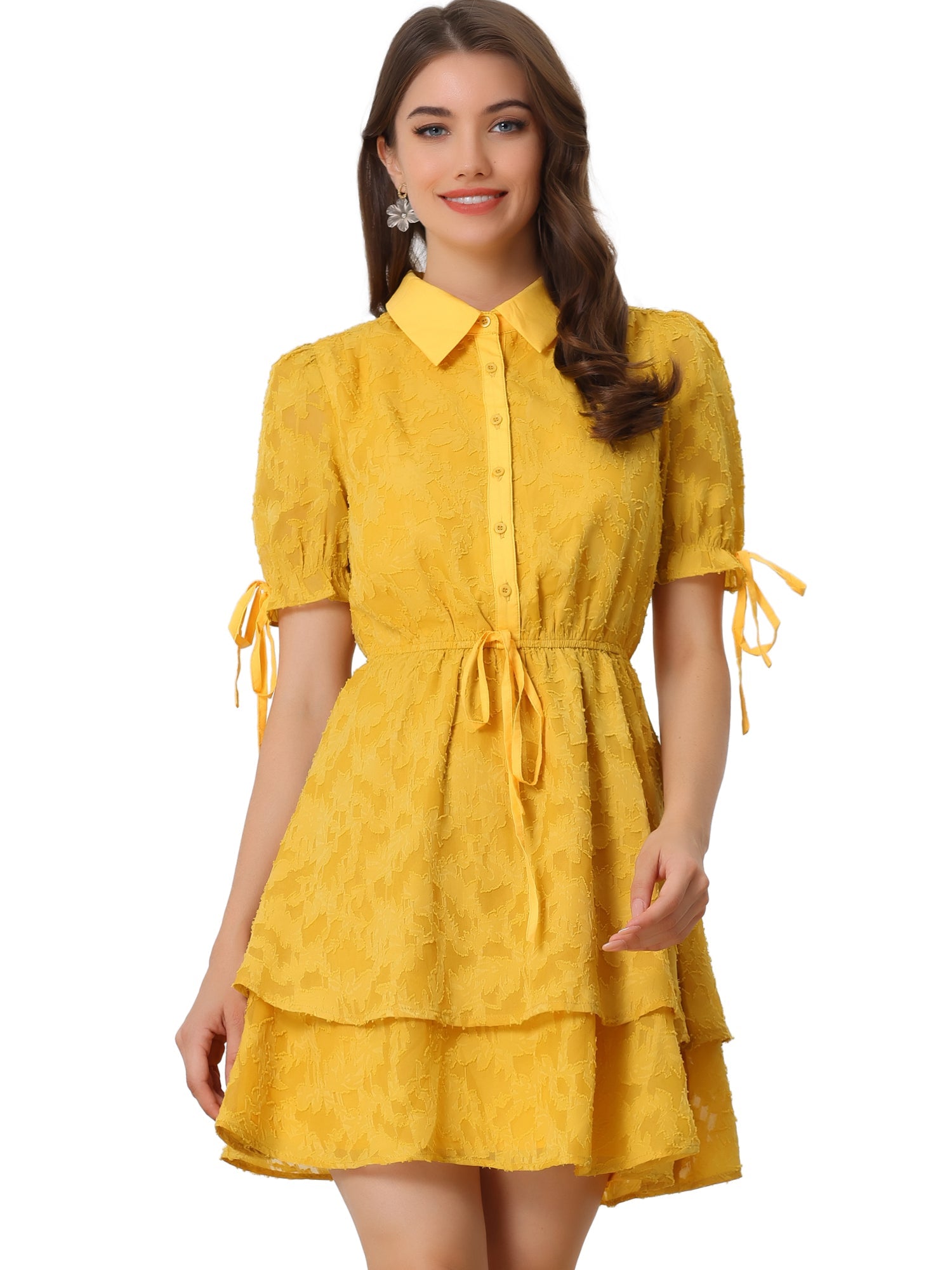 Peter Pan Collar Floral Drawstring Chiffon Layered Dress