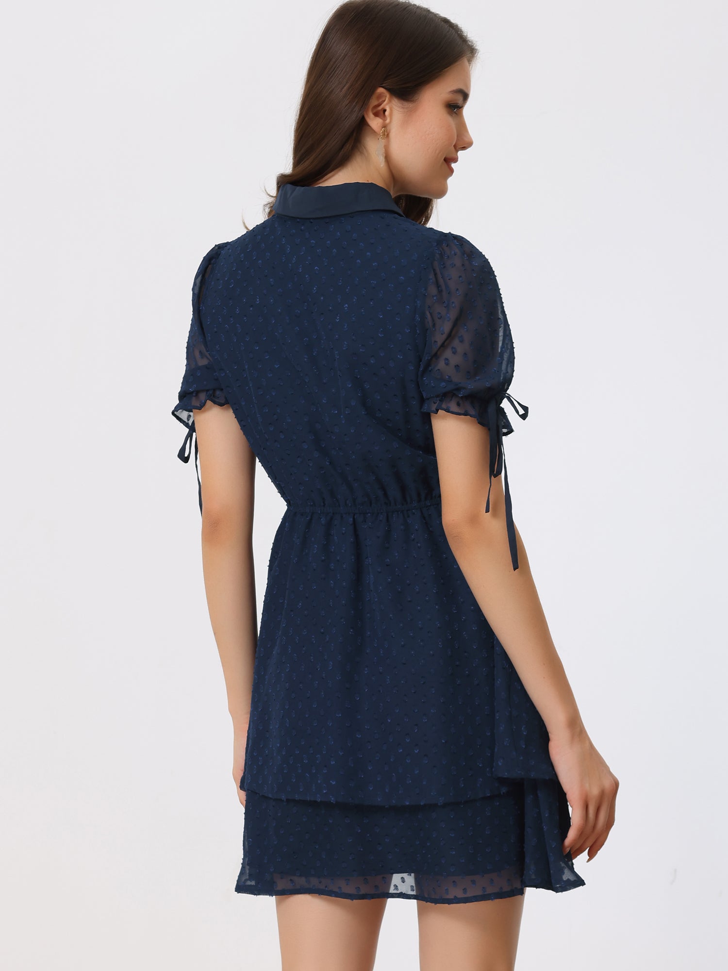 Peter Pan Collar Floral Drawstring Chiffon Layered Dress