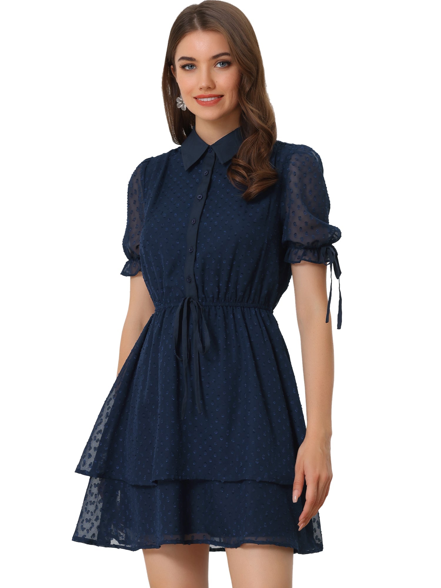 Peter Pan Collar Floral Drawstring Chiffon Layered Dress