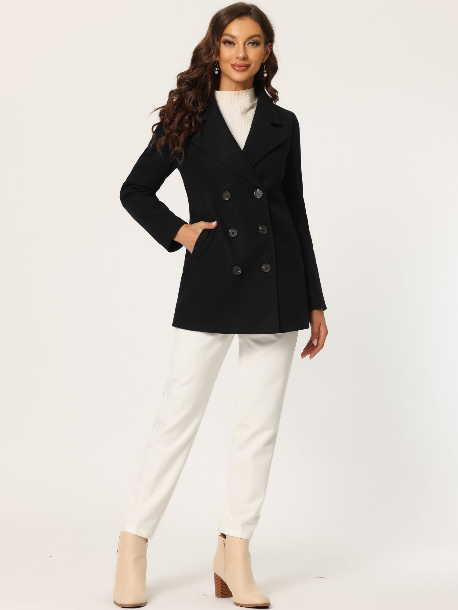 Long Sleeve Double Breasted Button Winter Outerwear Pea Coat