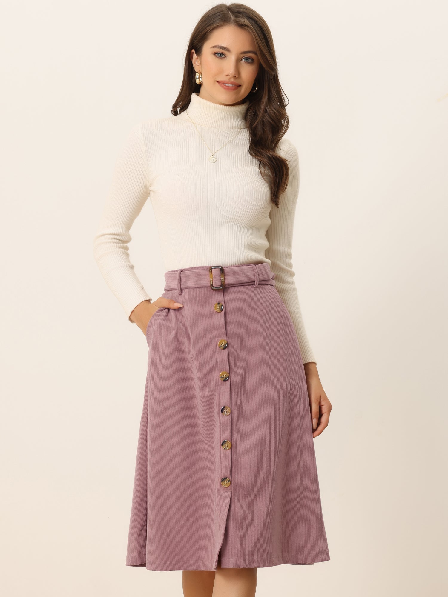 High Waist Button Front Belted Corduroy A-Line Midi Skirt