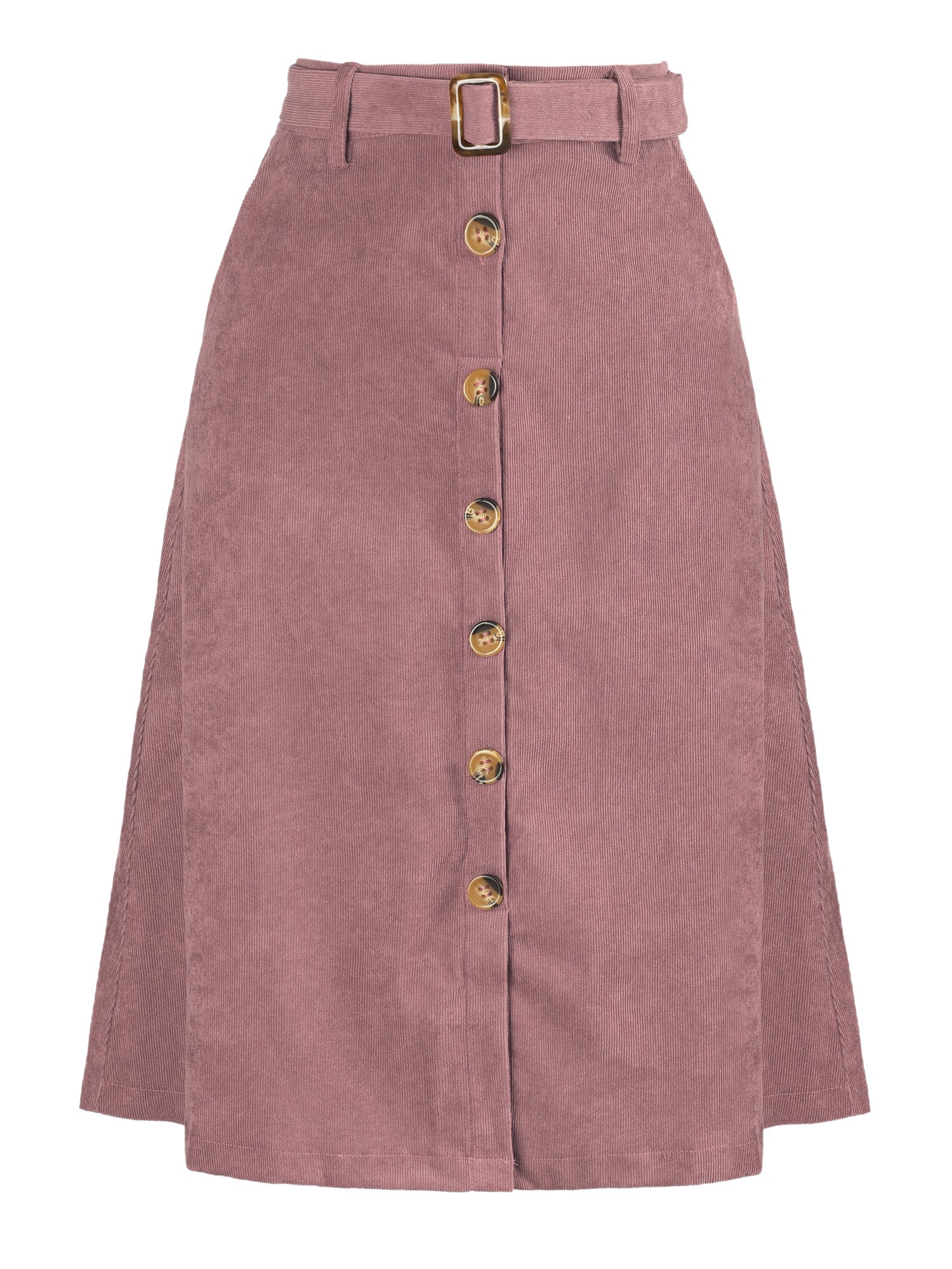 High Waist Button Front Belted Corduroy A-Line Midi Skirt