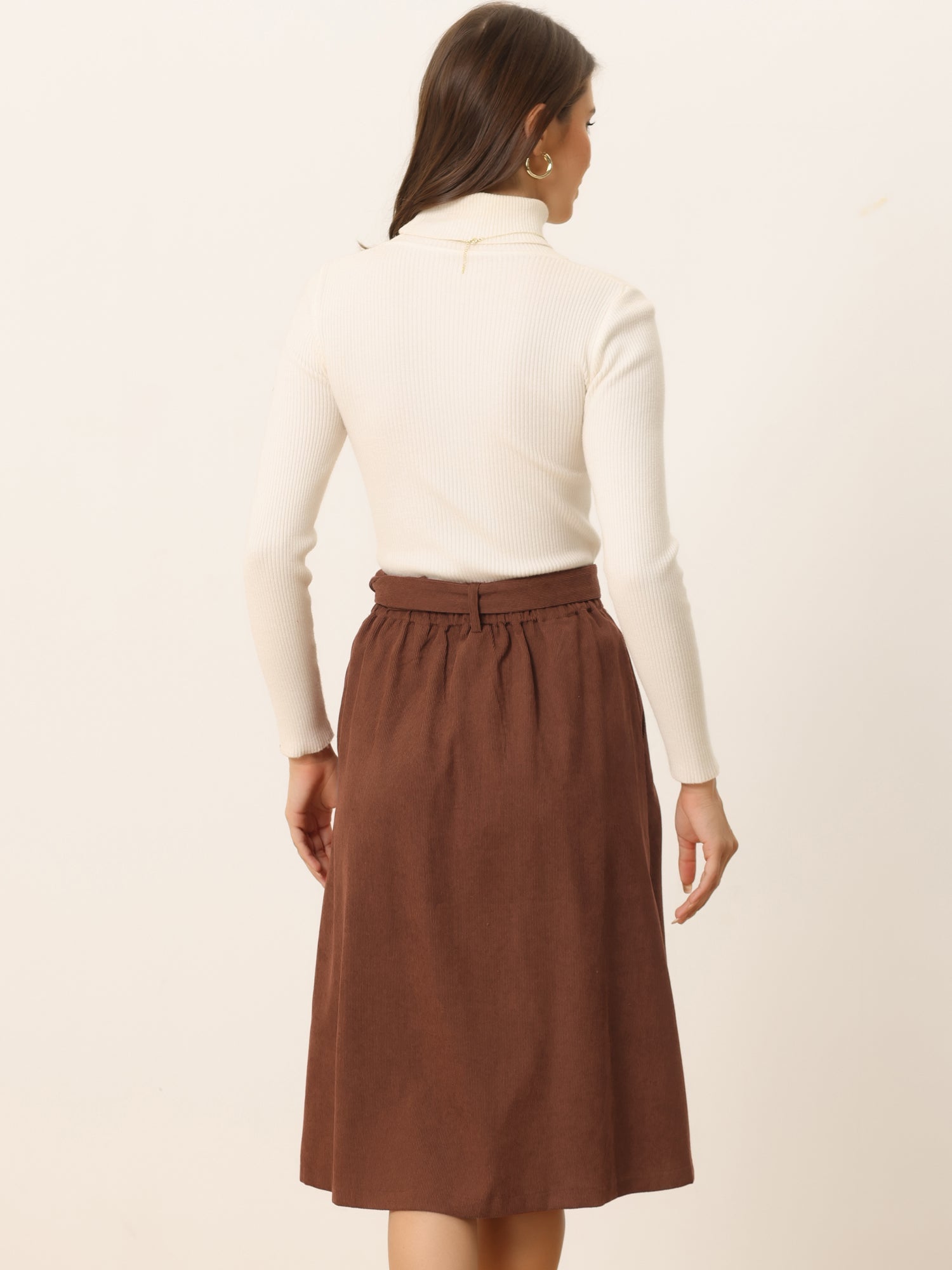 High Waist Button Front Belted Corduroy A-Line Midi Skirt