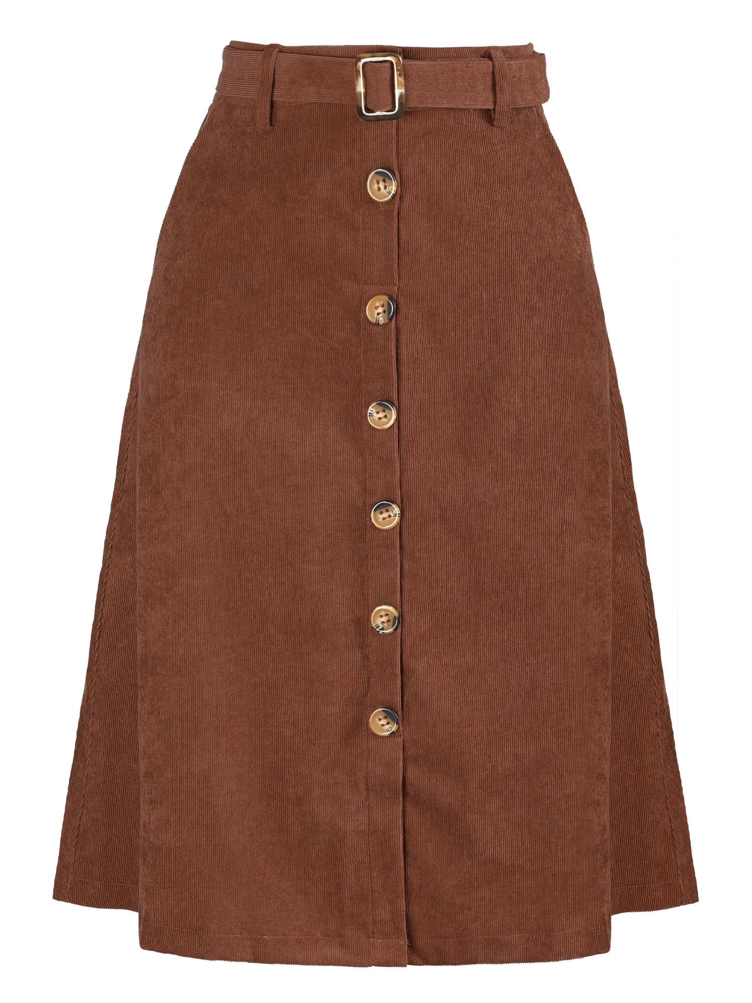 High Waist Button Front Belted Corduroy A-Line Midi Skirt