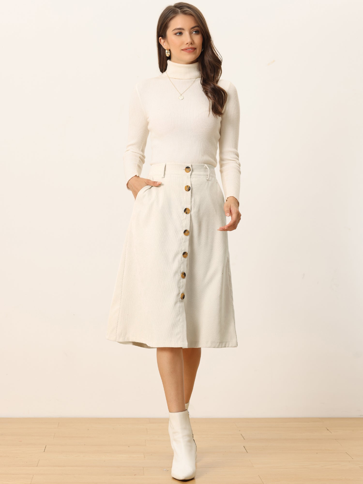 High Waist Button Front Belted Corduroy A-Line Midi Skirt