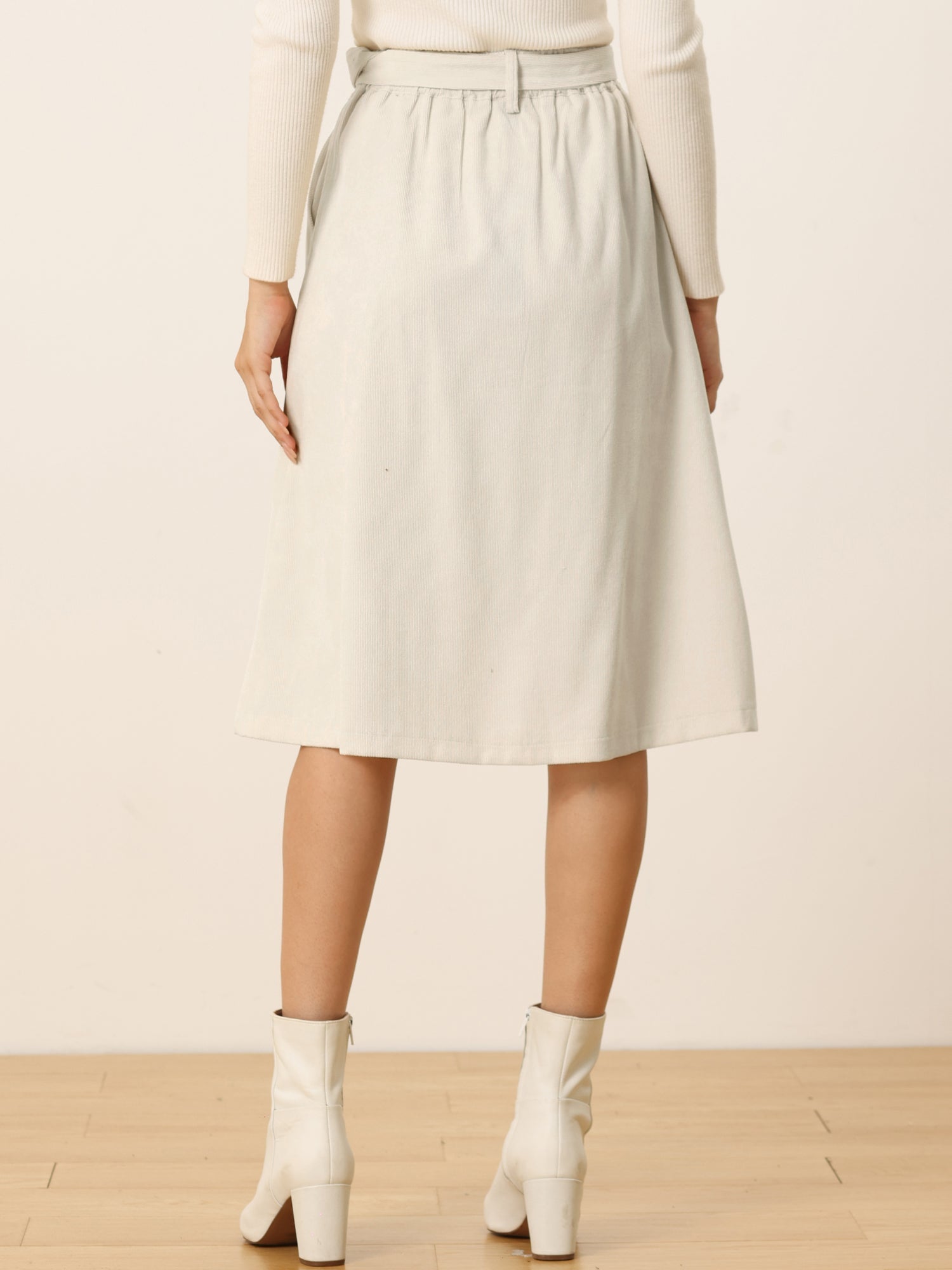High Waist Button Front Belted Corduroy A-Line Midi Skirt