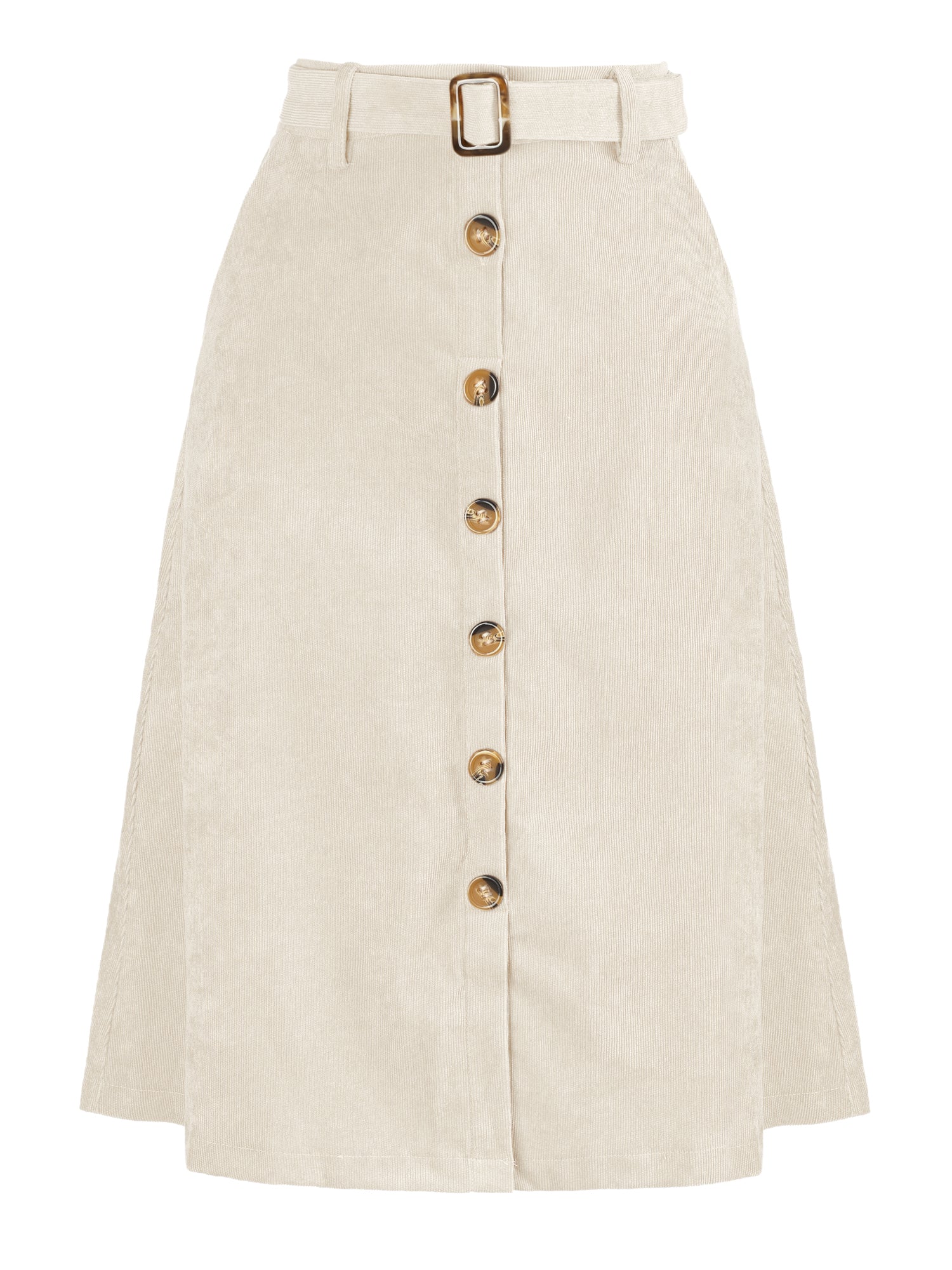 High Waist Button Front Belted Corduroy A-Line Midi Skirt