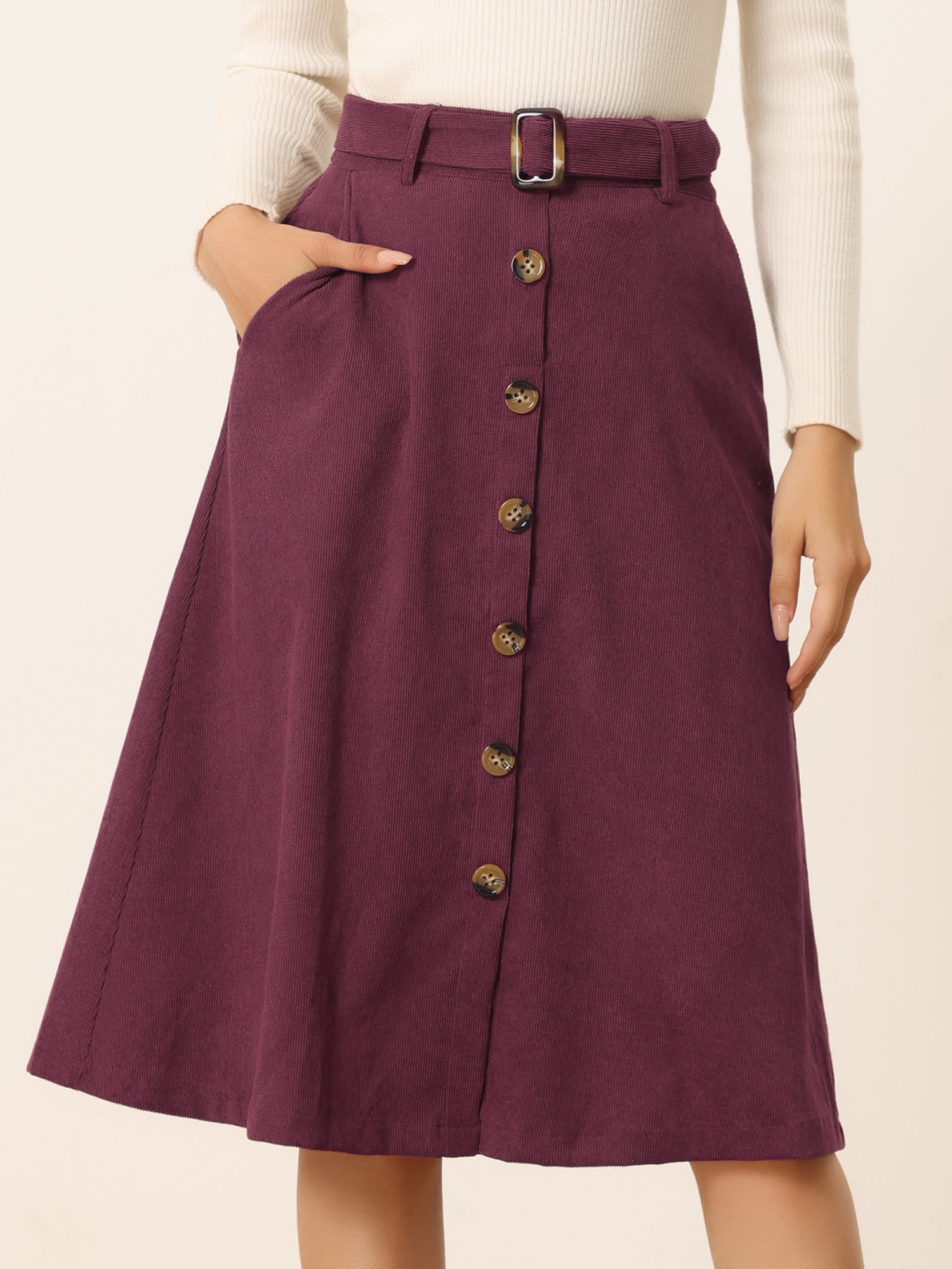 High Waist Button Front Belted Corduroy A-Line Midi Skirt