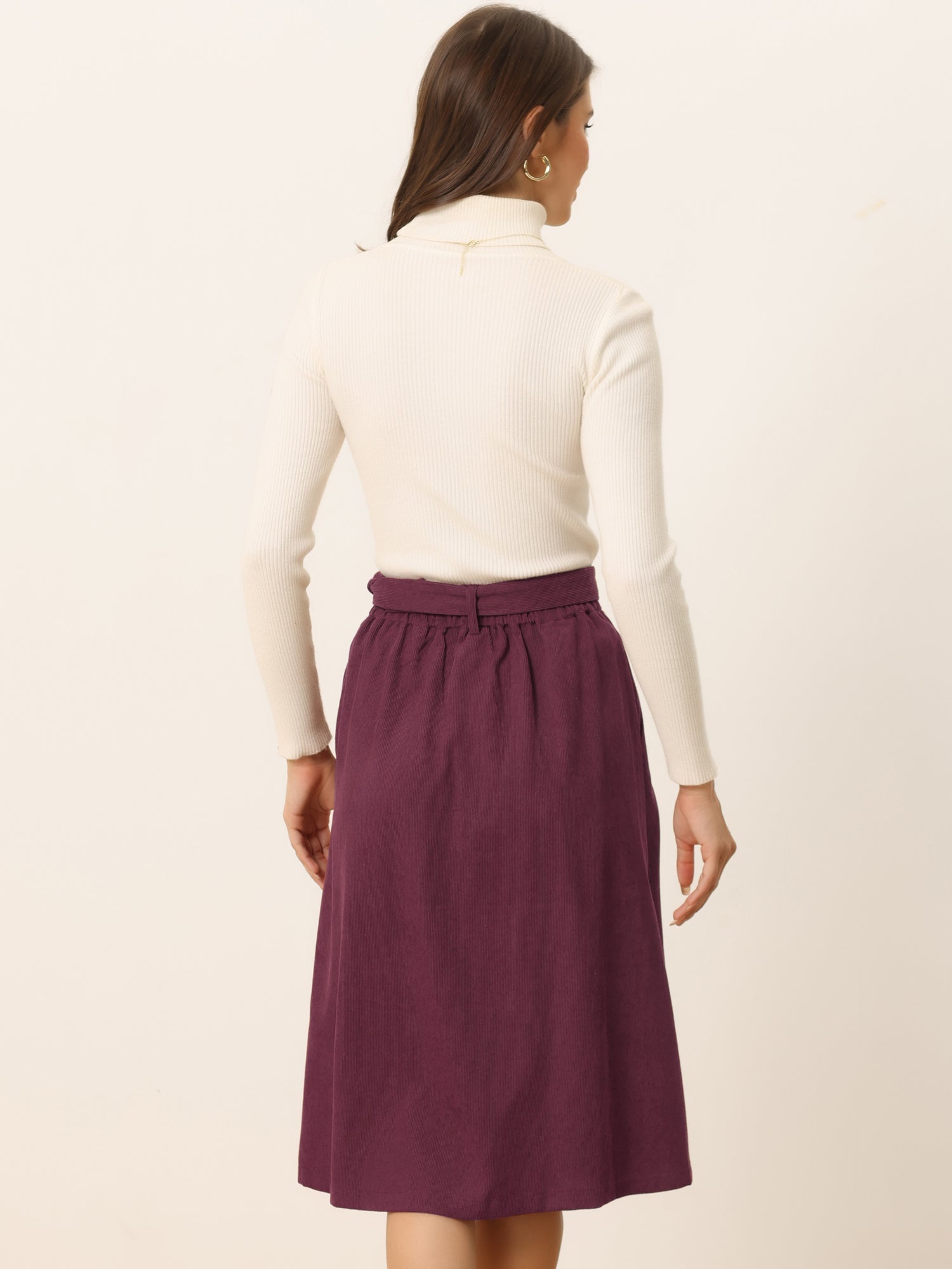 High Waist Button Front Belted Corduroy A-Line Midi Skirt