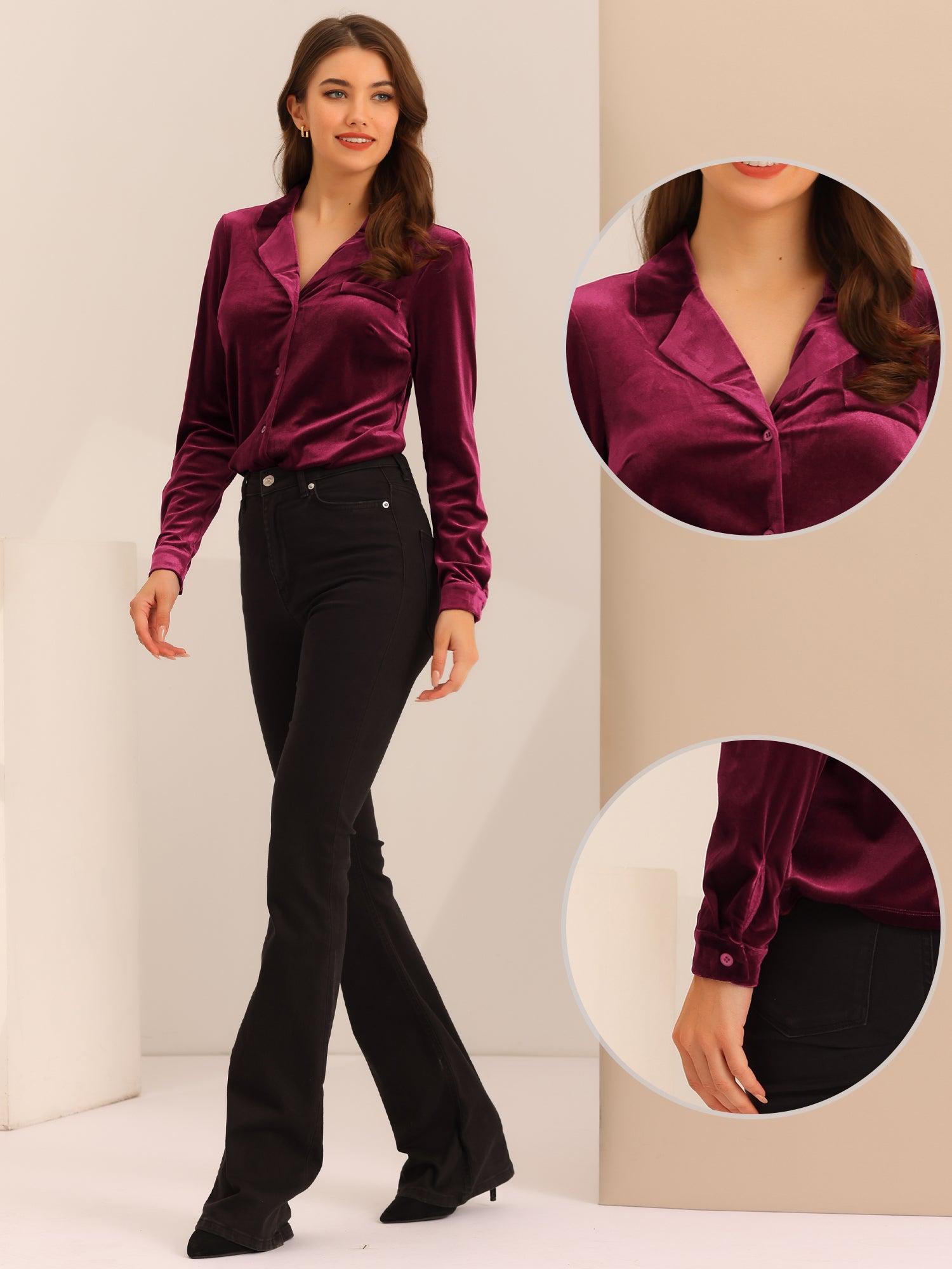 Velvet Blouse Collared Long Sleeve Button Down Shirt Top
