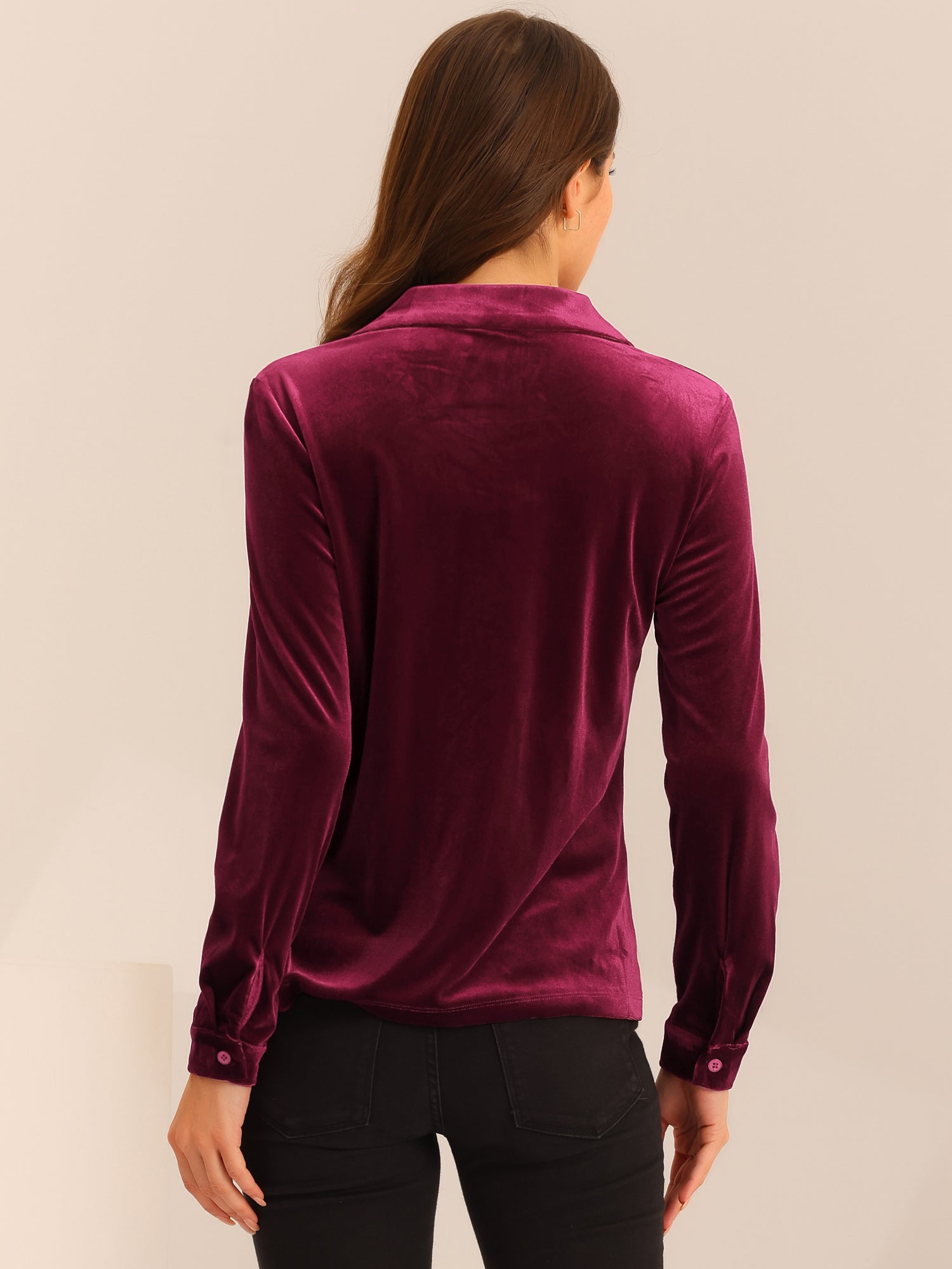 Velvet Blouse Collared Long Sleeve Button Down Shirt Top