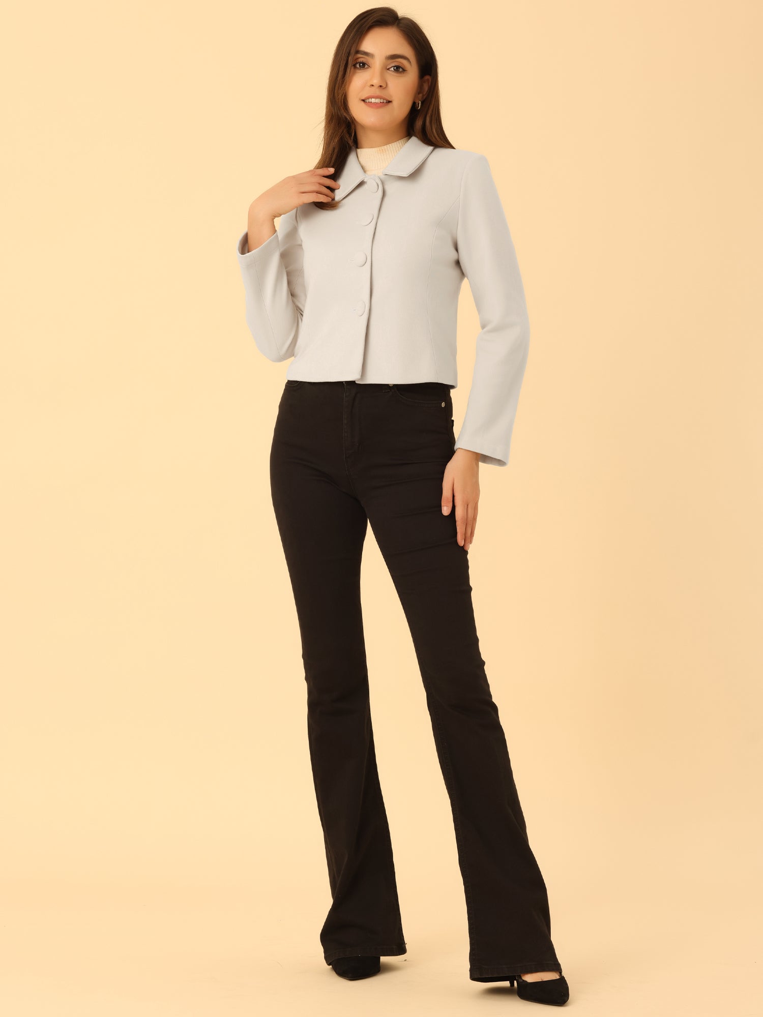 Pointed Collar Single Breasted Slant Pocket Cropped Pea Coat