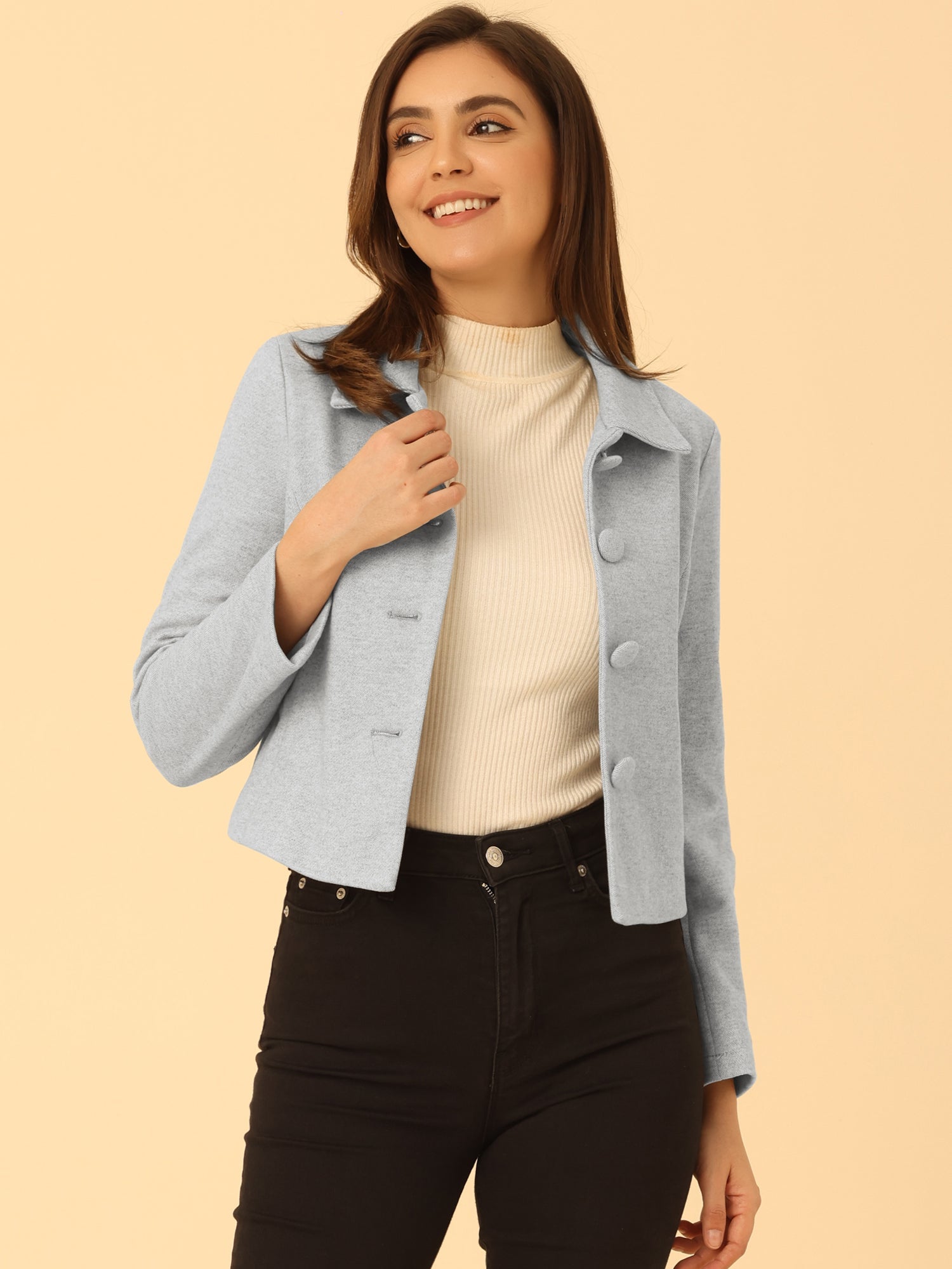 Pointed Collar Single Breasted Slant Pocket Cropped Pea Coat