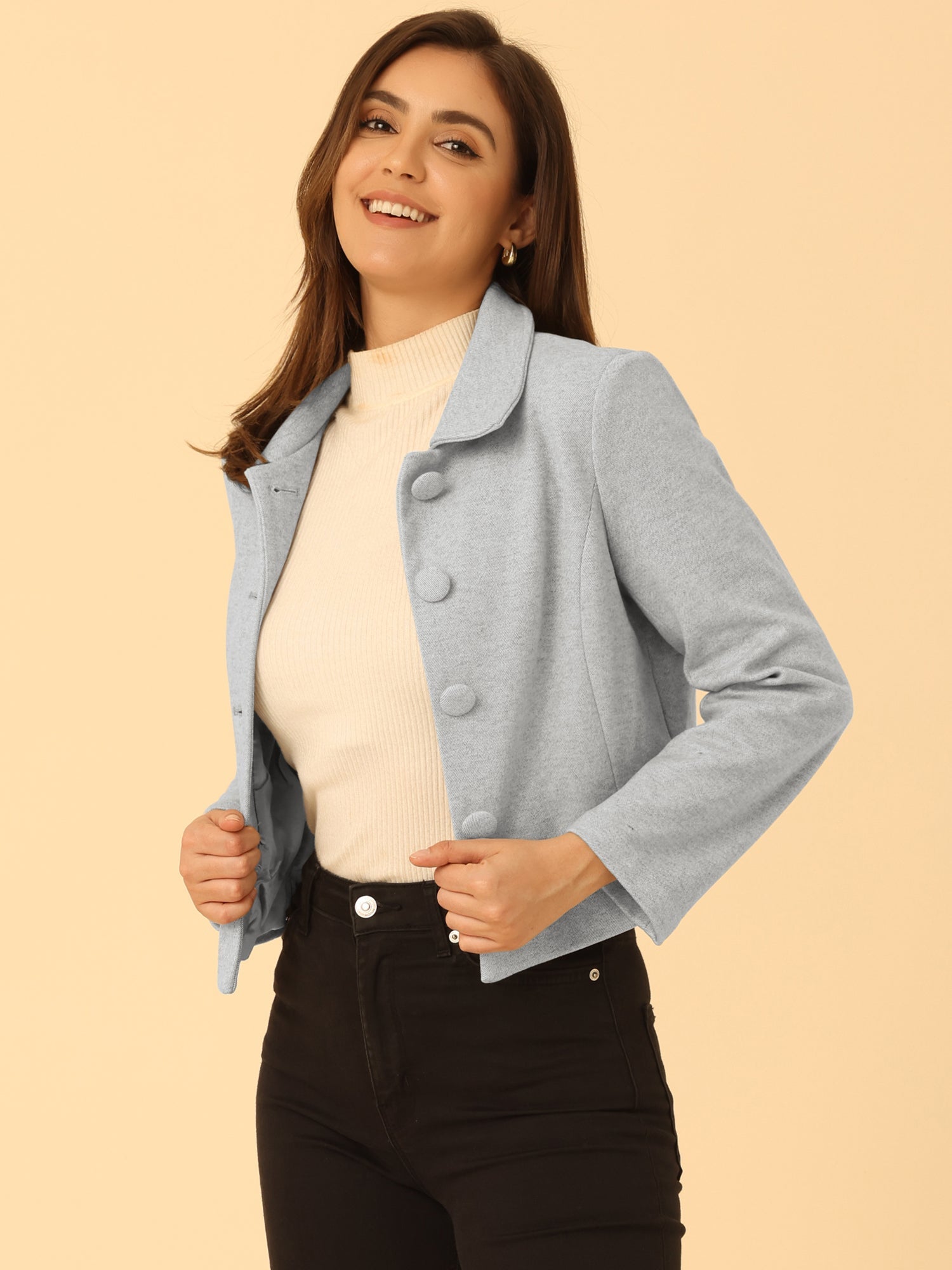 Pointed Collar Single Breasted Slant Pocket Cropped Pea Coat