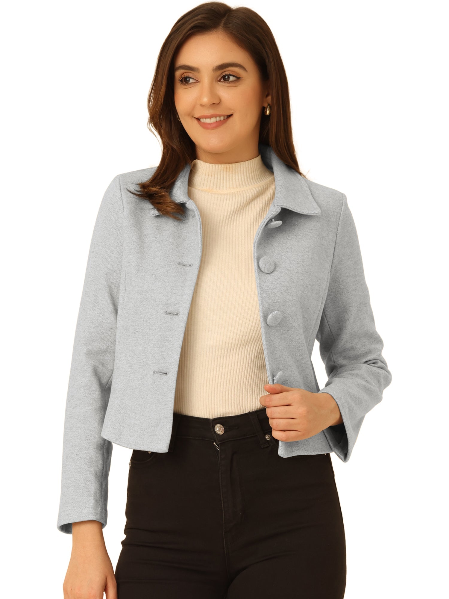 Pointed Collar Single Breasted Slant Pocket Cropped Pea Coat
