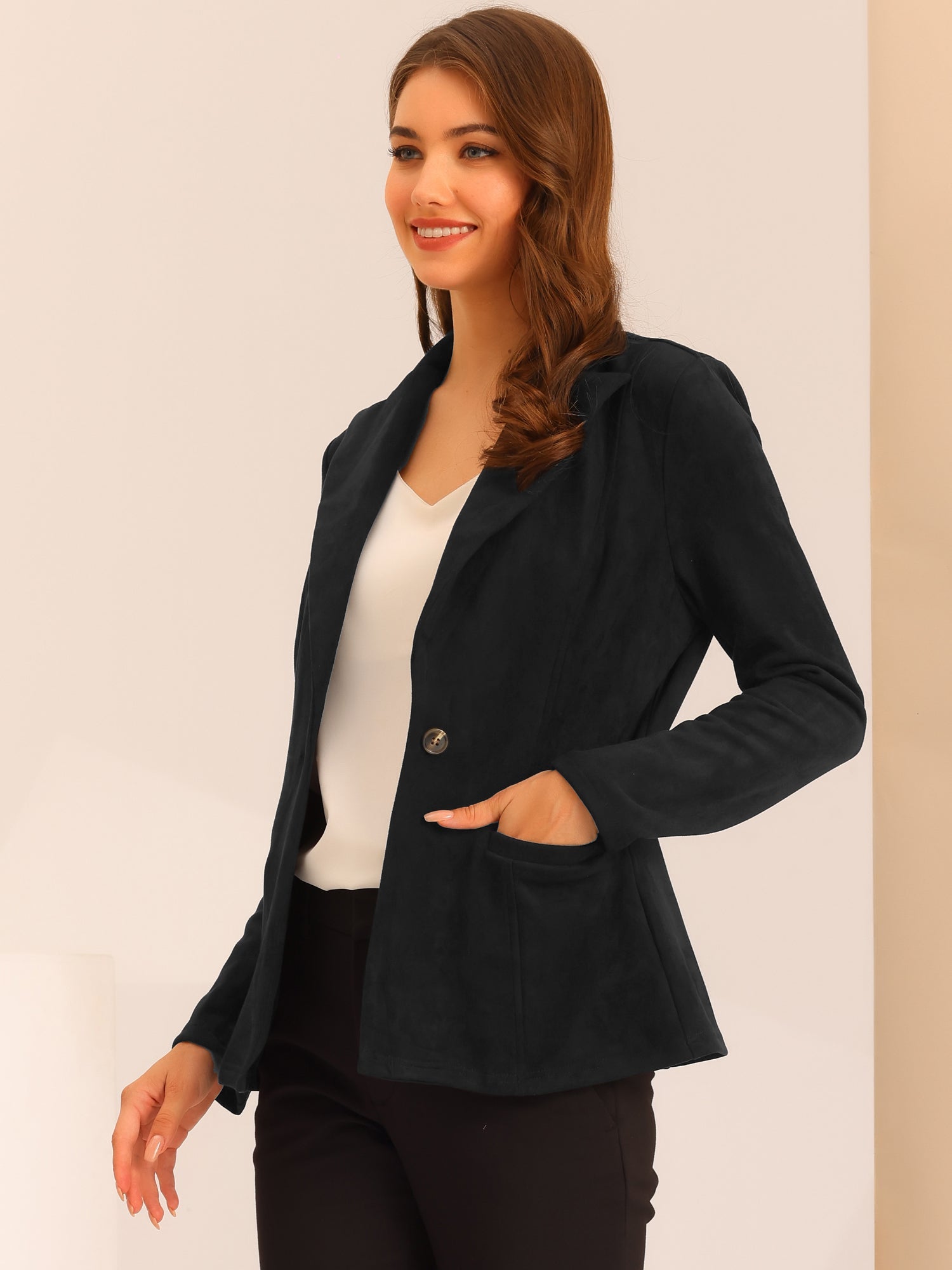 Faux Suede Lapel Collar Long Sleeve Casual Work Office Jacket