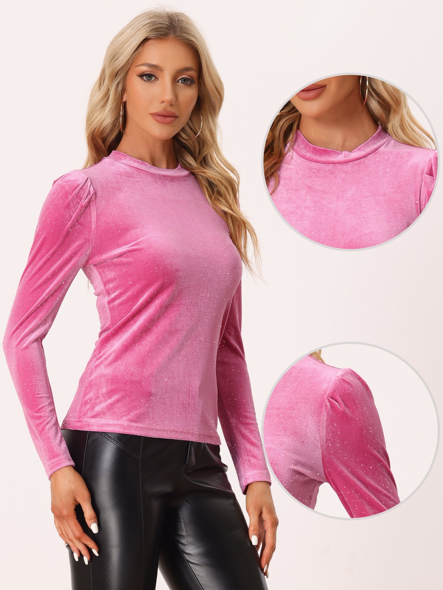 Metallic Velvet Puff Long Sleeve Mock Neck Glitter T-shirt