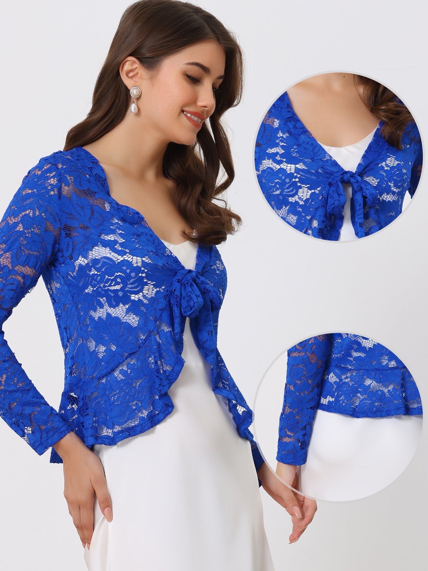 Floral Lace Tie Front Ruffled Hem Sheer Crop Bolero Shrug