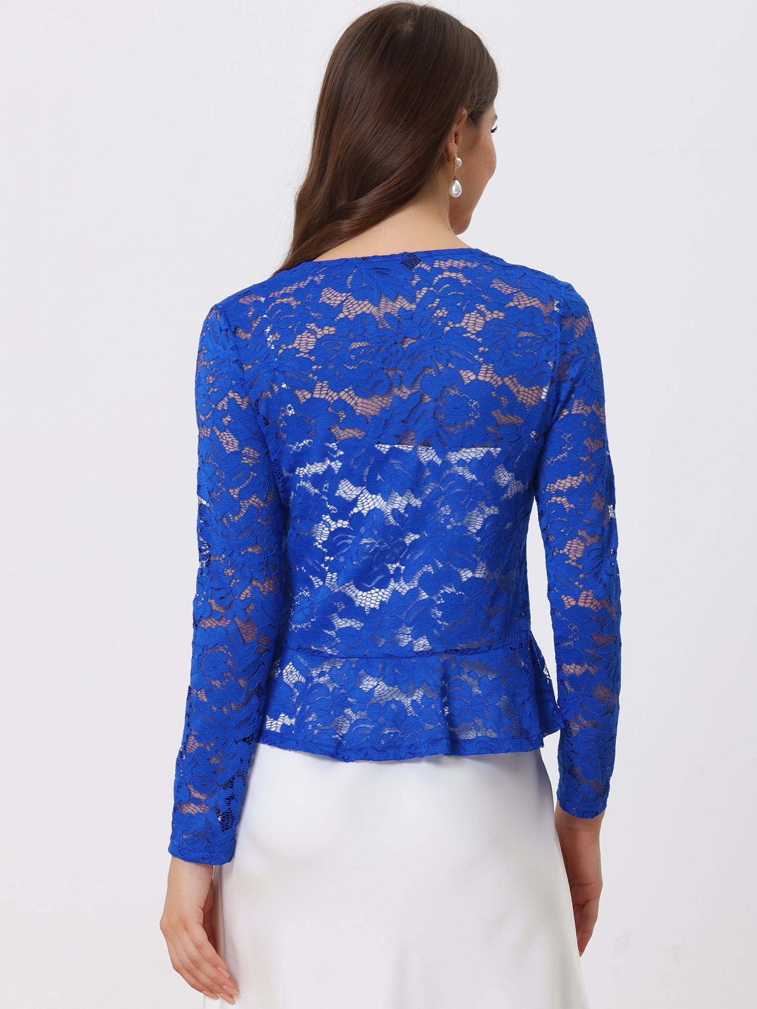 Floral Lace Tie Front Ruffled Hem Sheer Crop Bolero Shrug