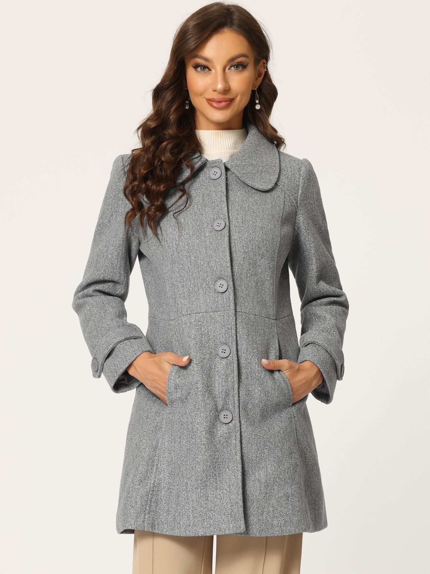 Peter Pan Collar Single Breasted Winter Outwear Buttoned Long Coat