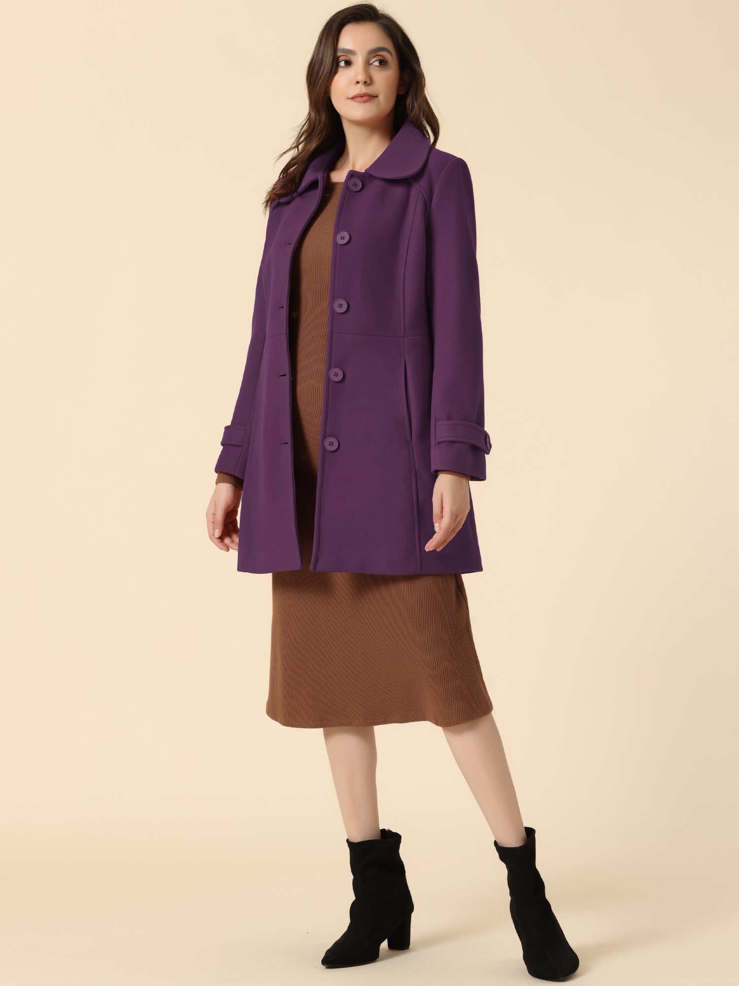 Peter Pan Collar Single Breasted Winter Outwear Buttoned Long Coat