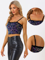 Sequined Velvet Spaghetti Strap Club Party Cropped Cami Top