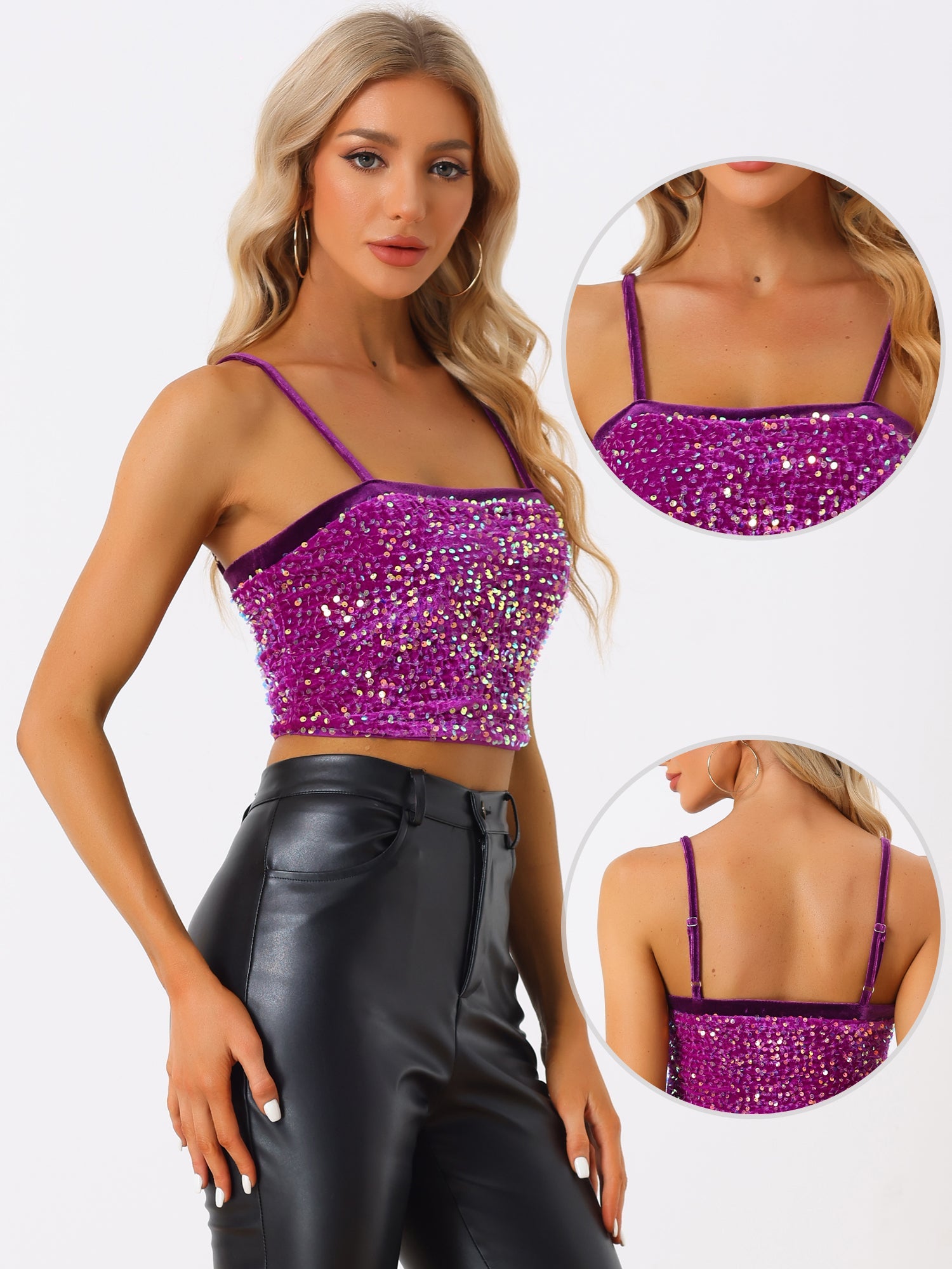 Sequined Velvet Spaghetti Strap Club Party Cropped Cami Top