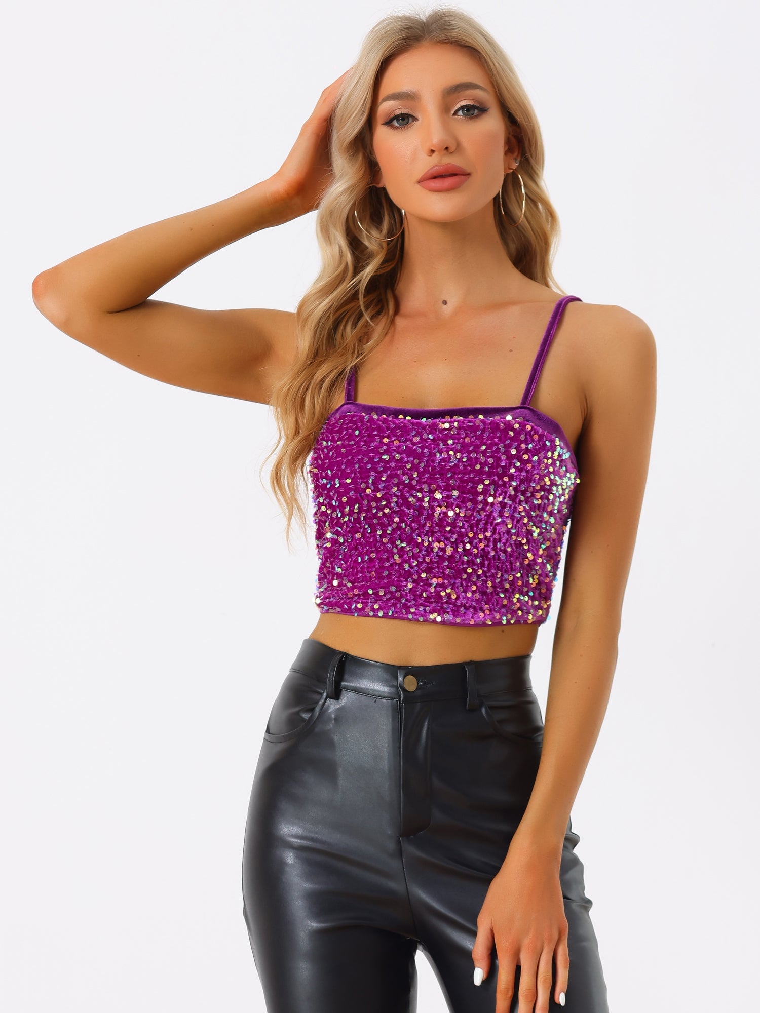 Sequined Velvet Spaghetti Strap Club Party Cropped Cami Top