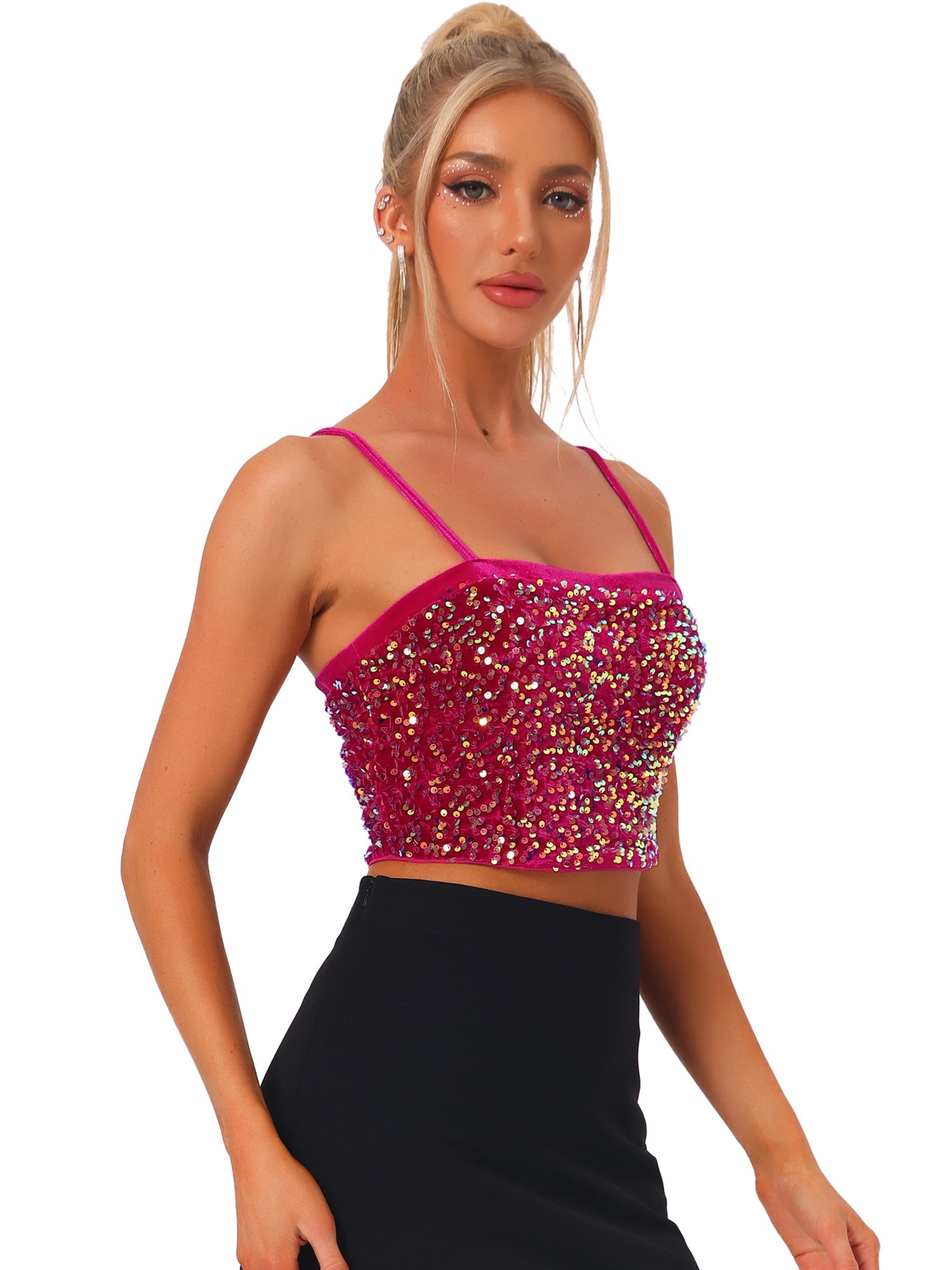 Sequined Velvet Spaghetti Strap Club Party Cropped Cami Top