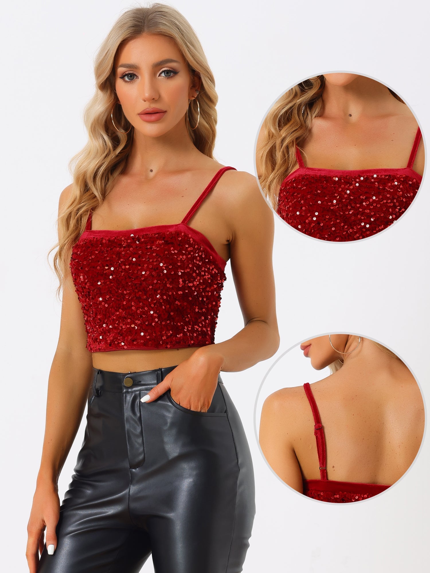 Sequined Velvet Spaghetti Strap Club Party Cropped Cami Top