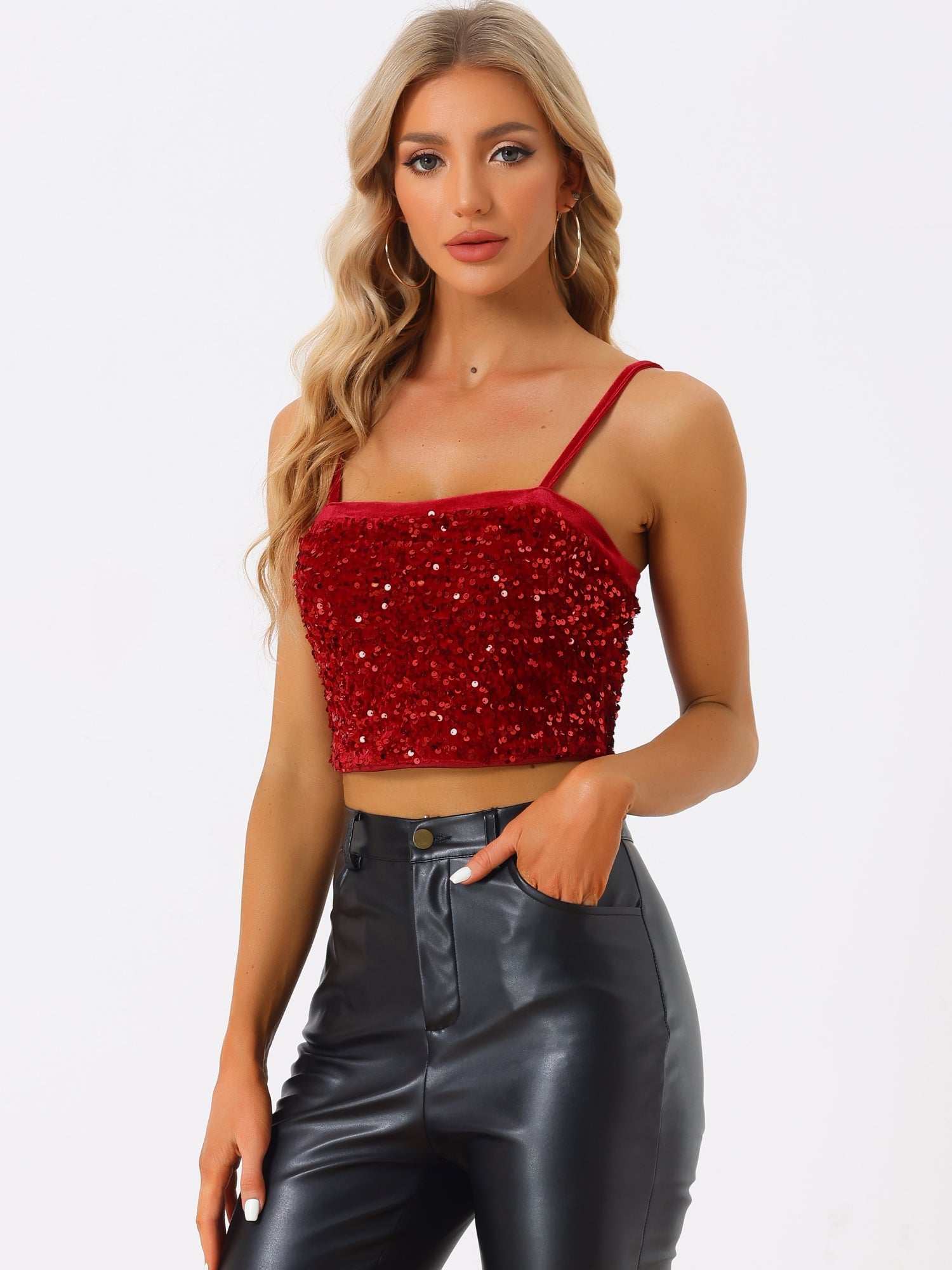 Sequined Velvet Spaghetti Strap Club Party Cropped Cami Top