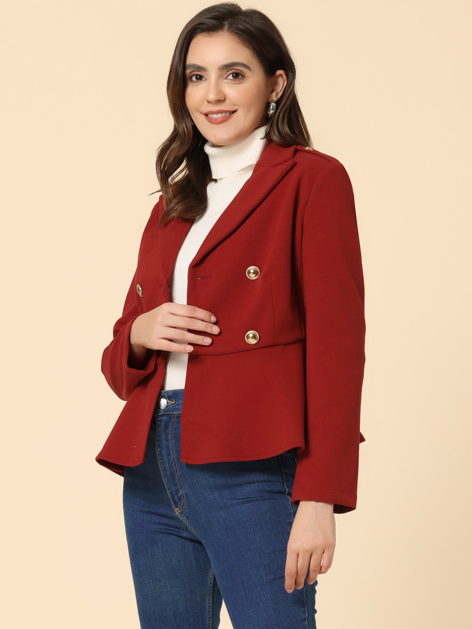 Double Breasted Pea Coat Notched Lapel Blazer Peplum Jacket