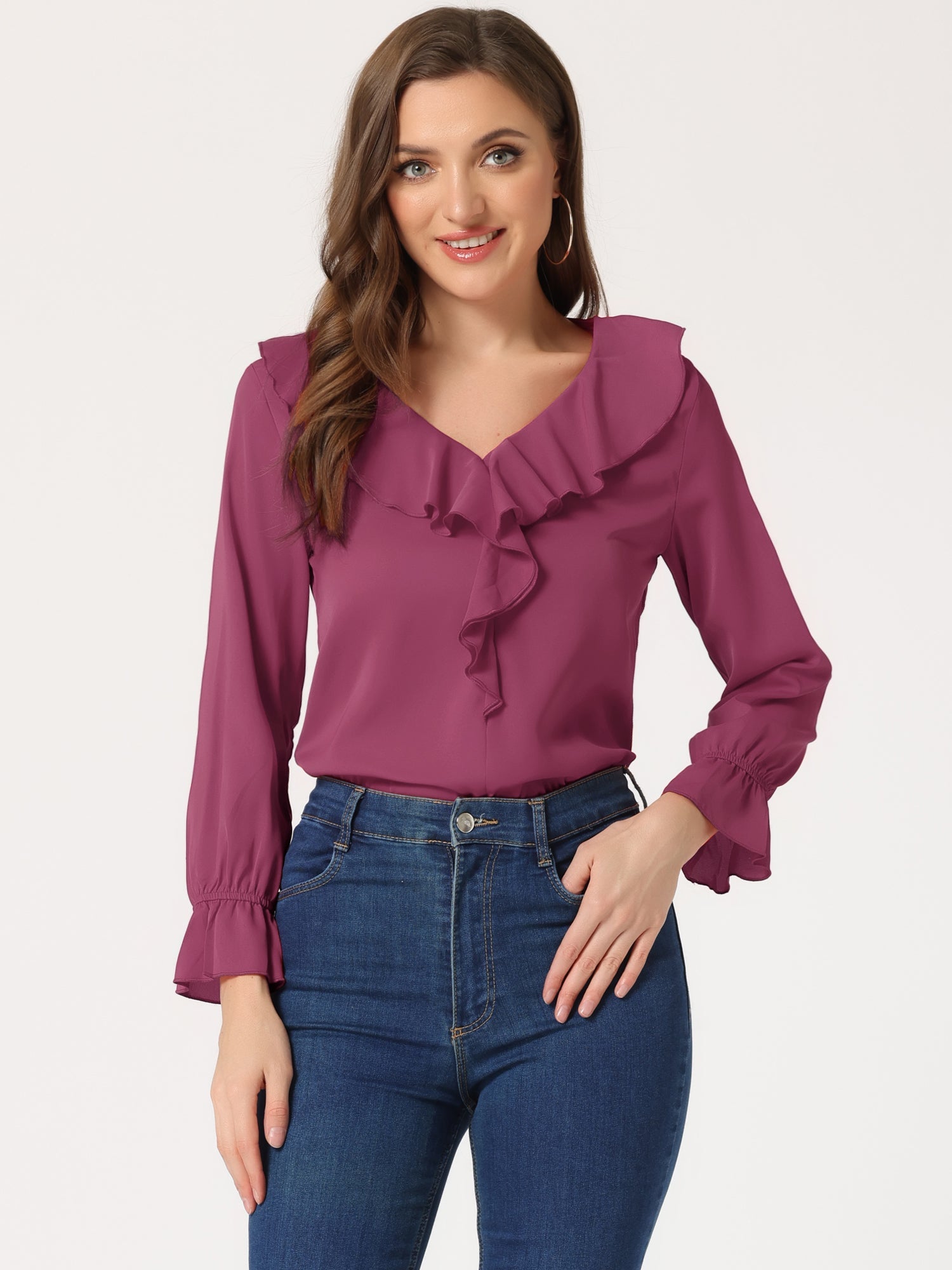 Ruffle Neck Gathered Cuff Long Sleeves Blouse