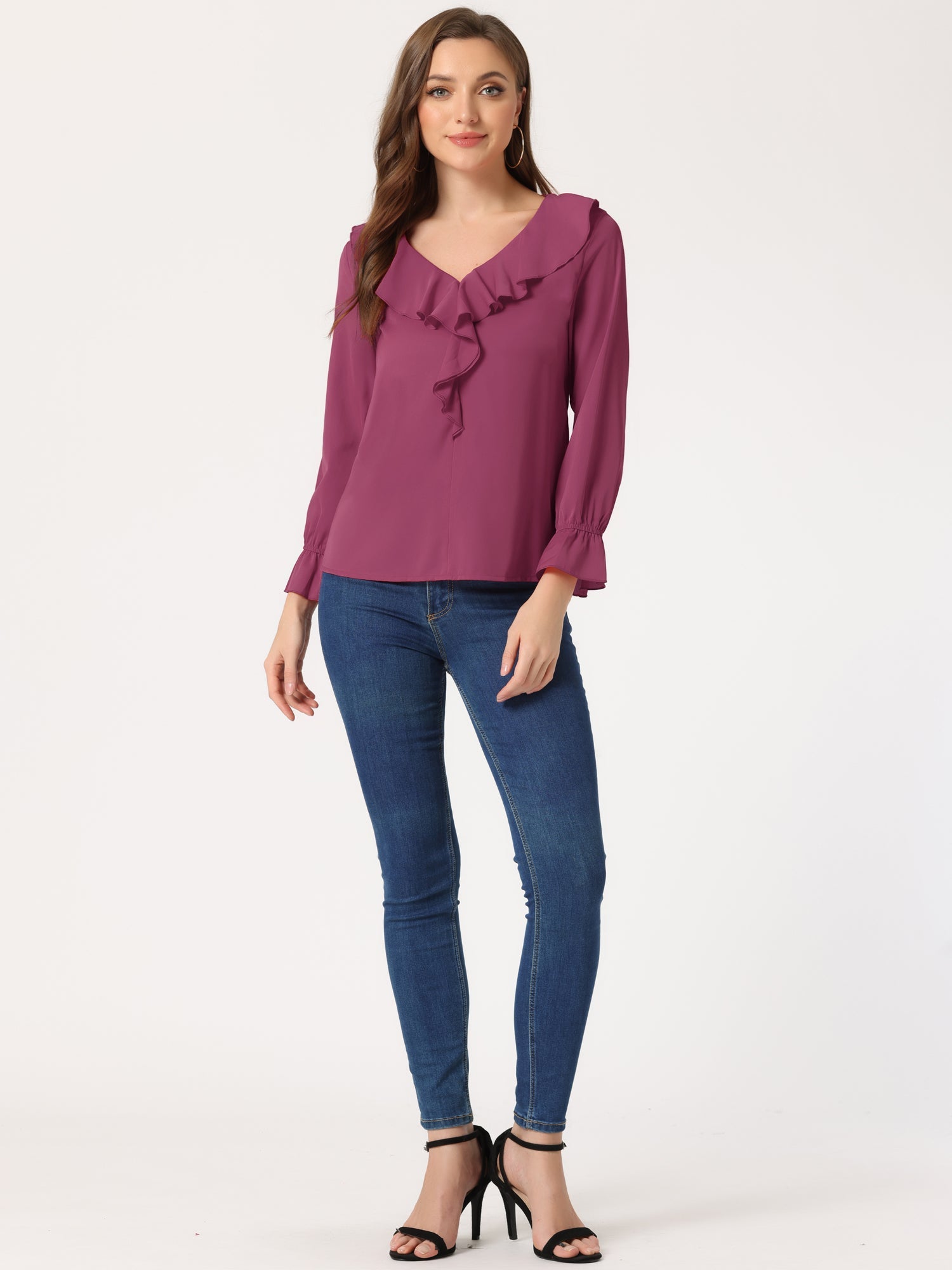 Ruffle Neck Gathered Cuff Long Sleeves Blouse