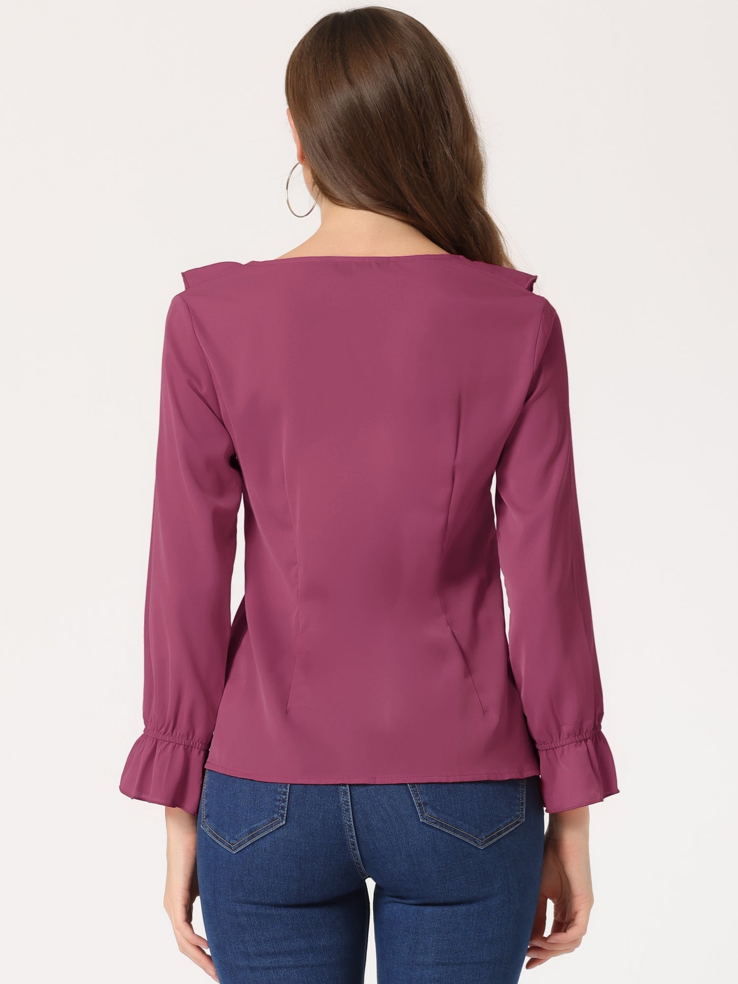 Ruffle Neck Gathered Cuff Long Sleeves Blouse