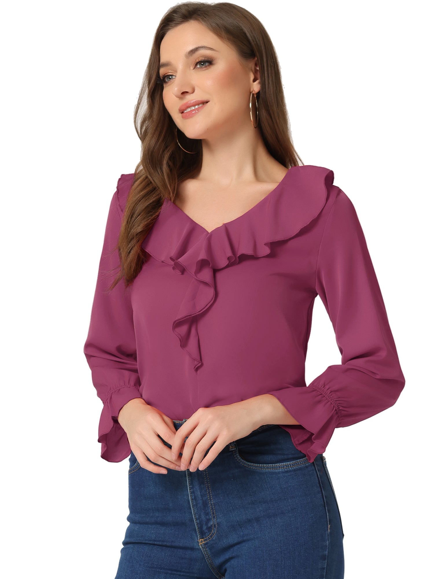 Ruffle Neck Gathered Cuff Long Sleeves Blouse