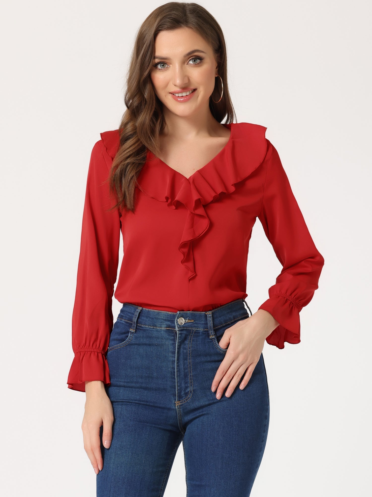 Ruffle Neck Gathered Cuff Long Sleeves Blouse