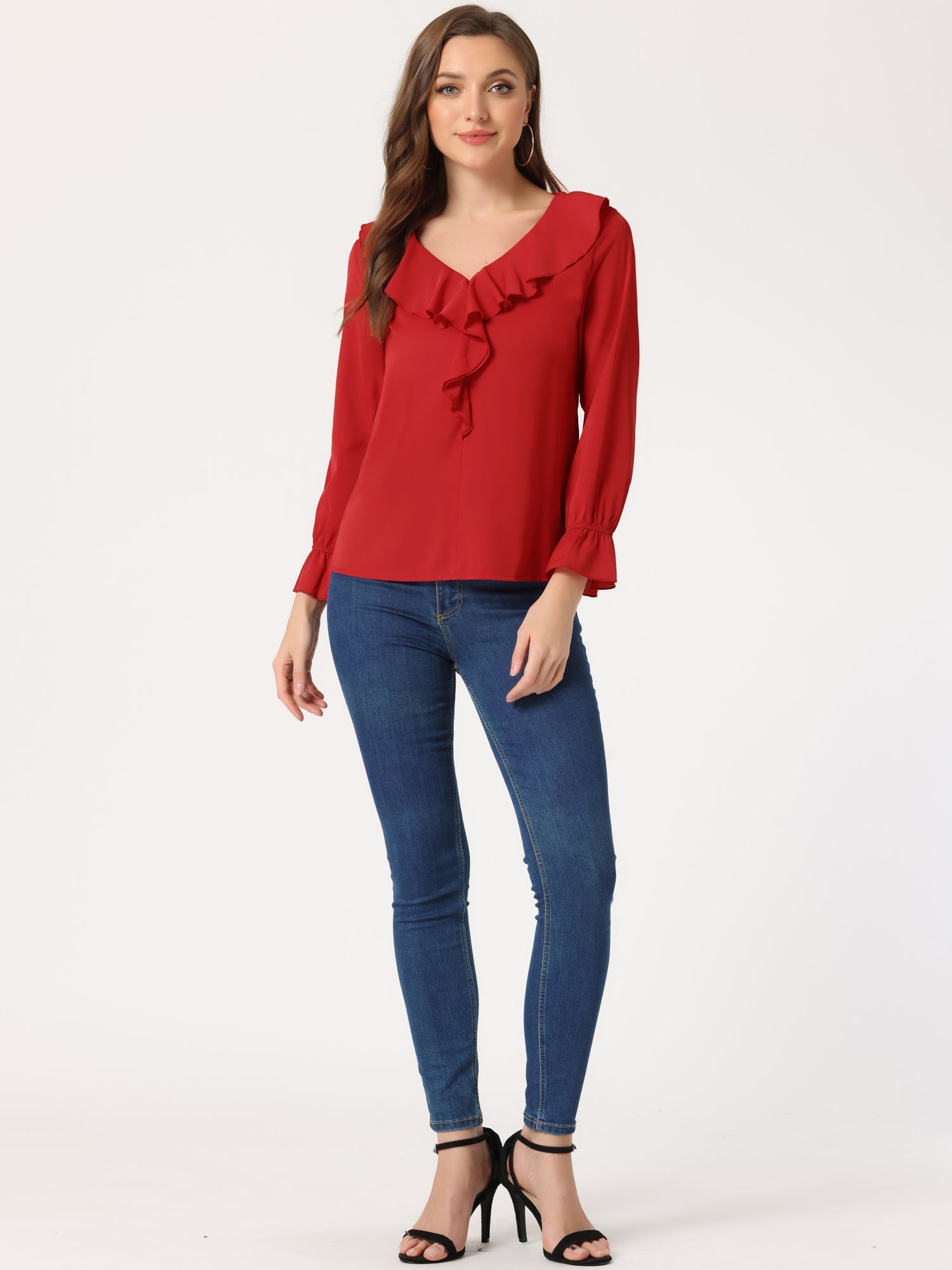 Ruffle Neck Gathered Cuff Long Sleeves Blouse