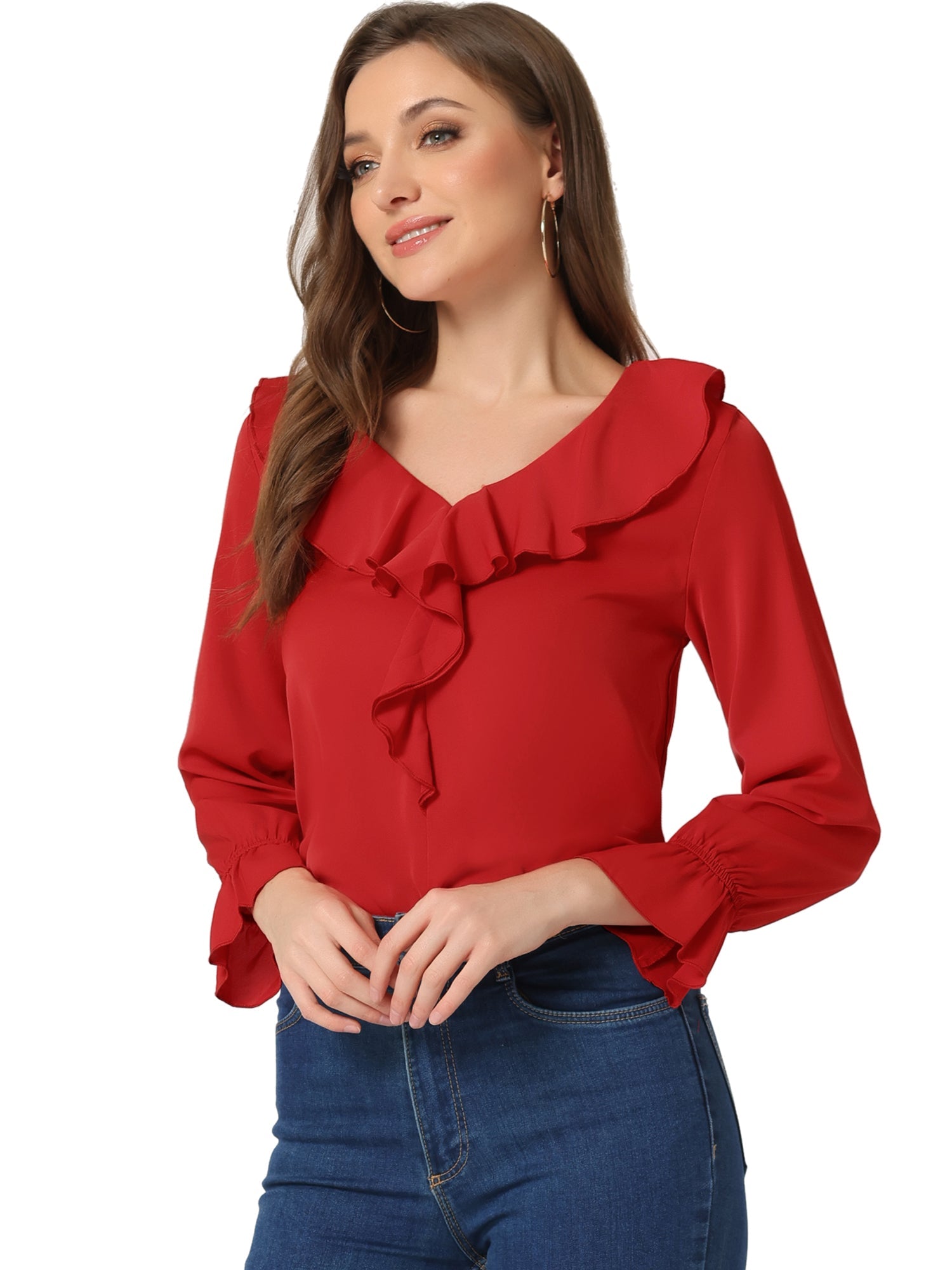 Ruffle Neck Gathered Cuff Long Sleeves Blouse